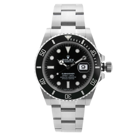 An image of a unworn Rolex Submariner men's wristwatch, presented in a full frontal view. The watch features a luxurious and sporty style with a black dial and matching black bezel. It has a round shape with a 12-hour dial, non-numeric hour marks, and round indexes. The band and case material are both made of stainless steel, and the watch is positioned against a neutral background, taking up a central position in the frame.