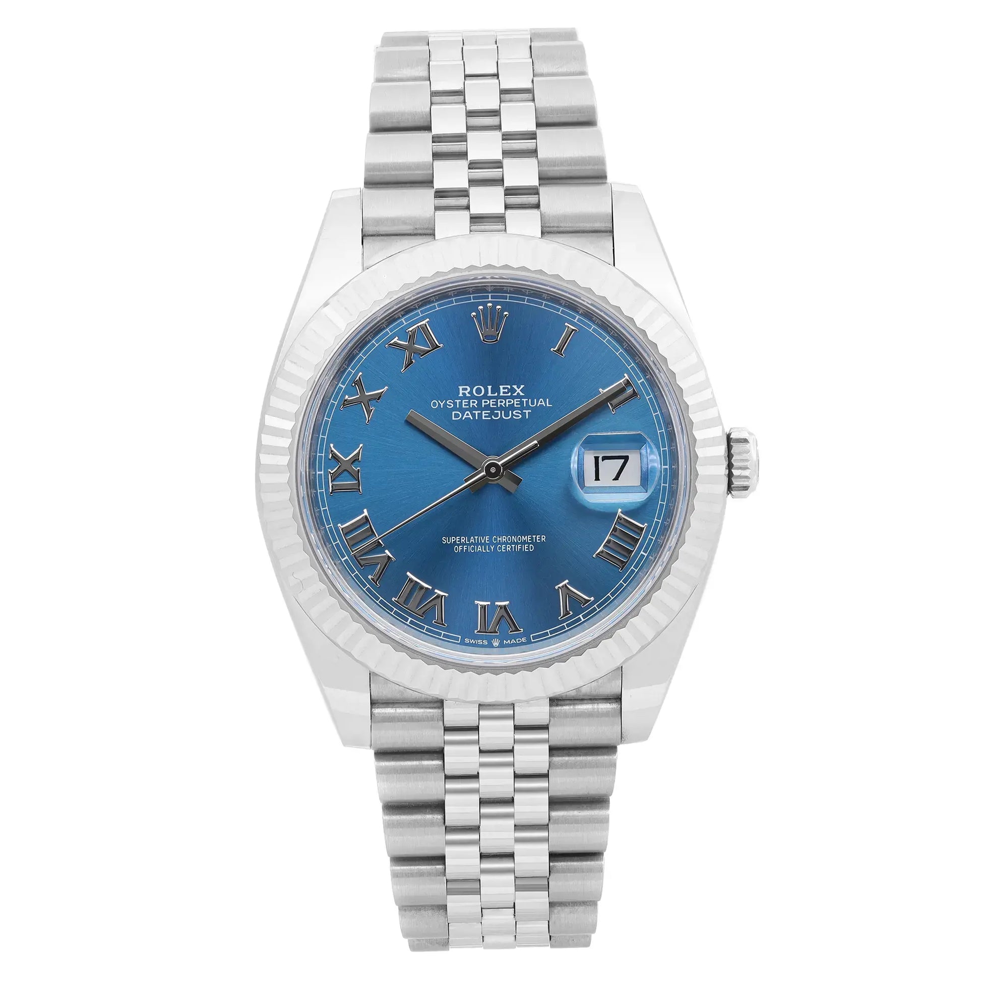 An image of a new Rolex Oyster Perpetual Datejust men's wristwatch, presented in a front full frontal view. The watch features a luxurious round blue dial with Roman numeral indices and a date indicator at the 3 o'clock position, all encased in stainless steel with a white gold bezel. Attached is a stainless steel band. The condition is excellent. The watch is photographed up close, capturing the entire face and band with clear visibility of details.
