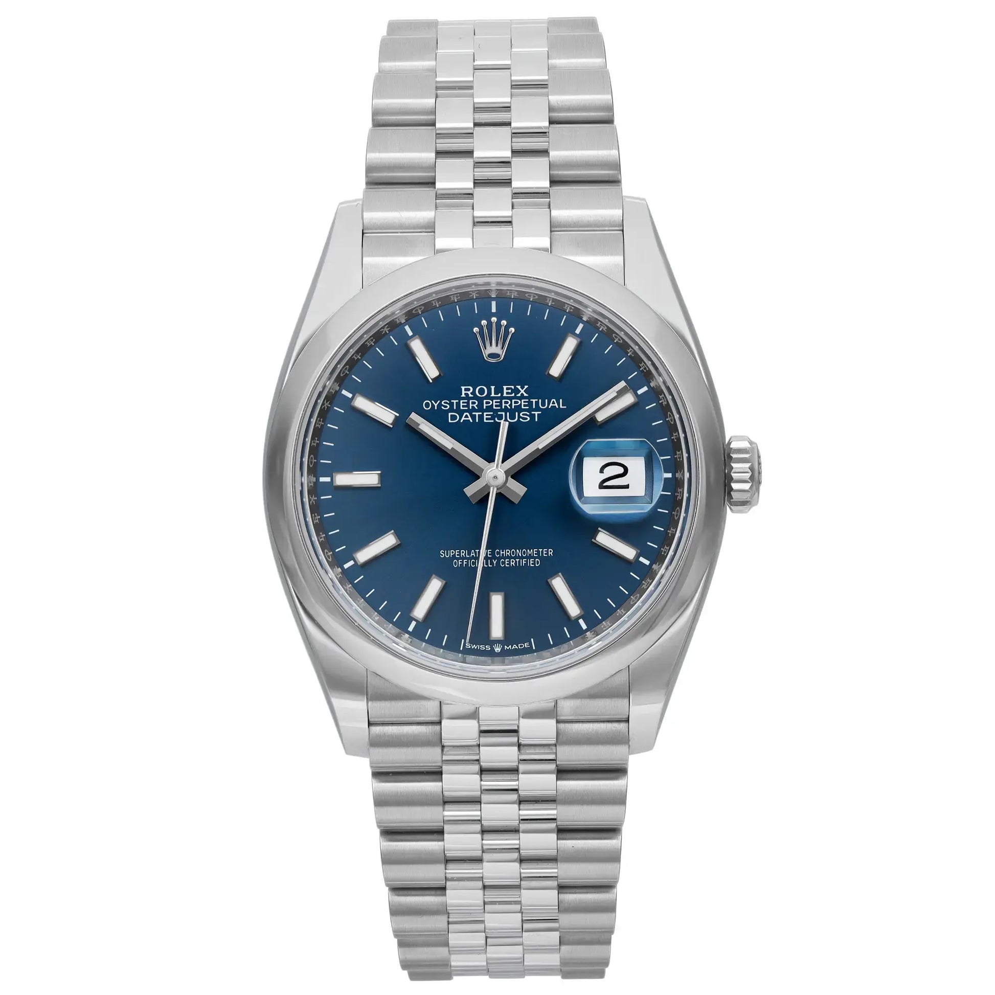 Image of a stainless steel wristwatch with a blue dial featuring luminous hour markers, a date display at the 3 o'clock position. The watch has a smooth bezel and a three-link bracelet. Condition of the watch is unworn. 