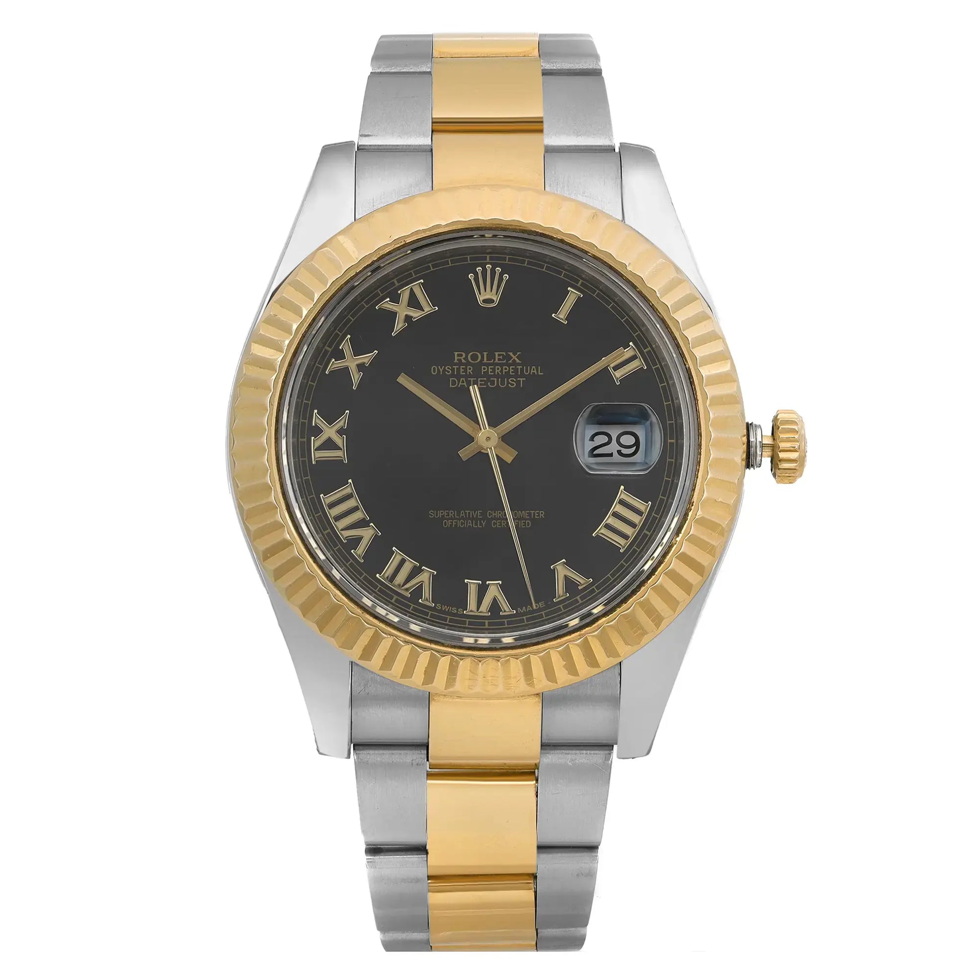 An image of a pre-owned Rolex men's wristwatch in good condition, showcased in a full frontal view. The watch features a round stainless steel case with a fluted gold bezel, and a black dial with gold Roman numeral indices and a date window at the 3 o'clock position. The stainless steel and yellow gold band displays light signs of wear. The watch is positioned centrally and shot from a direct front angle, with the entire watch in focus and occupying most of the frame.