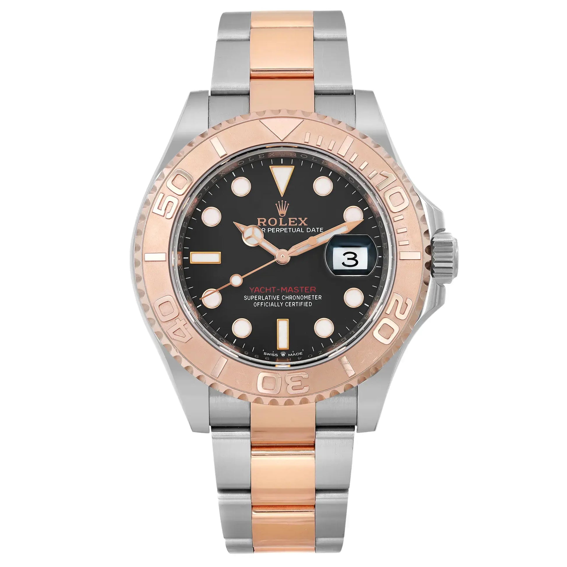 An image of a pre-owned Rolex Yacht-Master men's wristwatch in good condition. The watch is depicted in a full frontal view, centered in the frame, and shown at a medium distance. It features a combination of stainless steel and rose gold on the bracelet and bezel, with a black dial that includes a date indicator at the 3 o'clock position and luminous hands. The bezel has raised numerals and the watch shows light signs of wear, such as minor scratches.