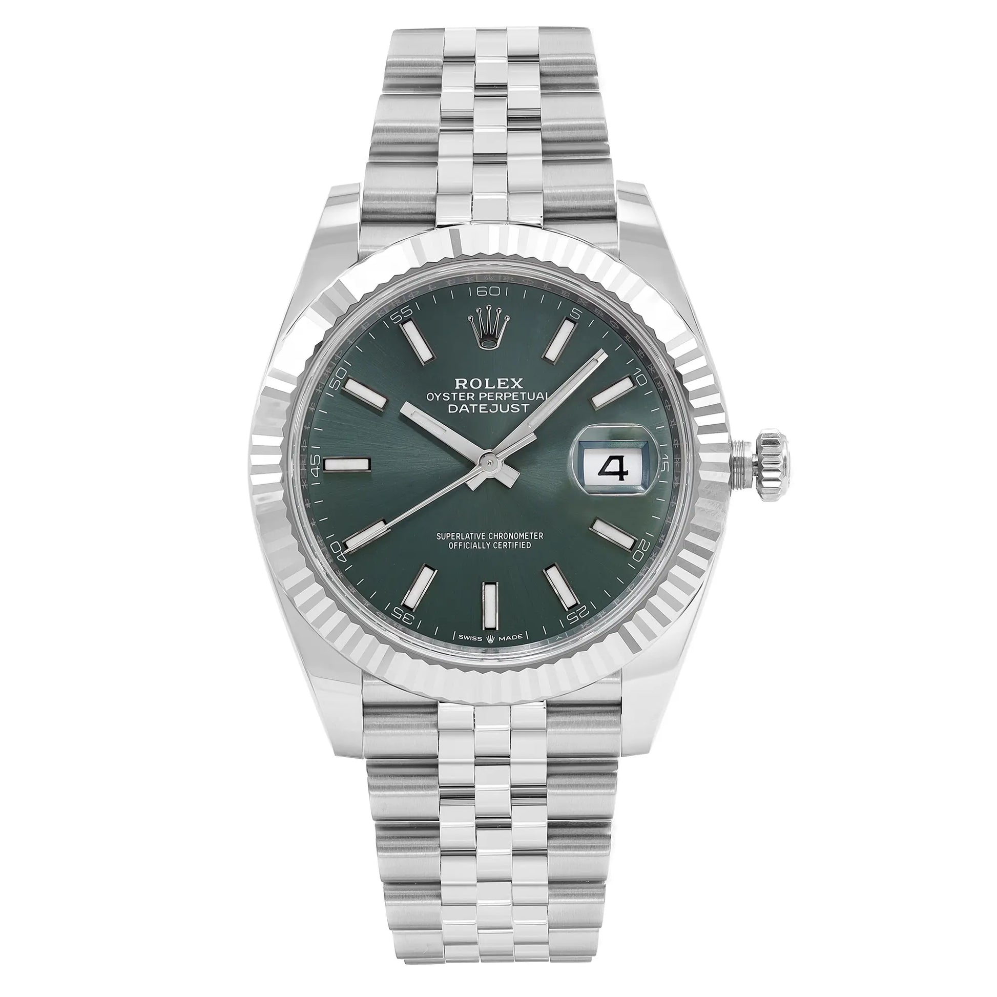 Front Full View Of Rolex m126334-0027 Stainless Steel Watch New Condition