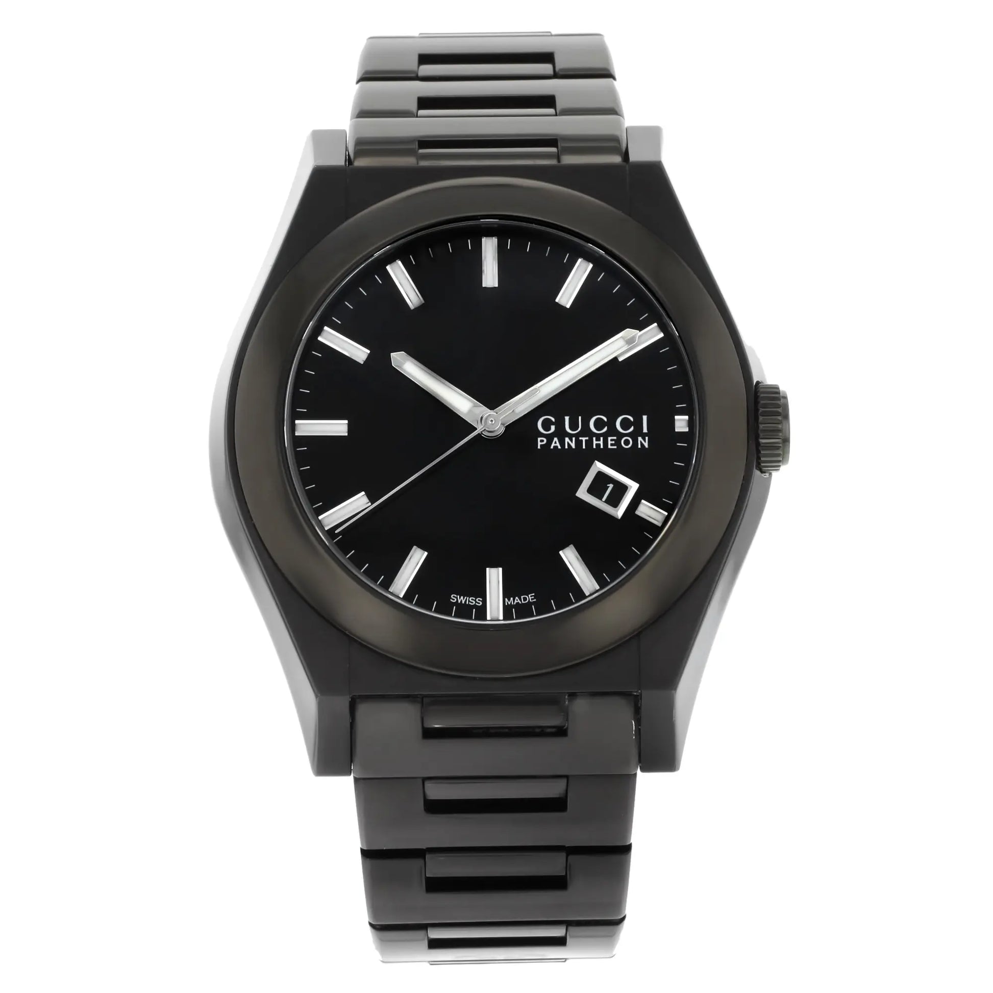 An image of a Wristwatch by Gucci. This Pre Owned item is designed for Men, featuring a Casual,Dress/Formal style. It has a Quartz movement and an Analog display with a Black dial color. The indices include 12-Hour Dial,Non-Numeric Hour Marks. The band is made of Stainless & Plated Metal and the case is made of Stainless Steel. The watch has a Round shape with a case size of 44 mm and a case thickness of 10 mm.