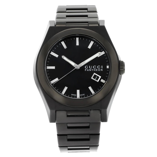 An image of a Wristwatch by Gucci. This Pre Owned item is designed for Men, featuring a Casual,Dress/Formal style. It has a Quartz movement and an Analog display with a Black dial color. The indices include 12-Hour Dial,Non-Numeric Hour Marks. The band is made of Stainless & Plated Metal and the case is made of Stainless Steel. The watch has a Round shape with a case size of 44 mm and a case thickness of 10 mm.