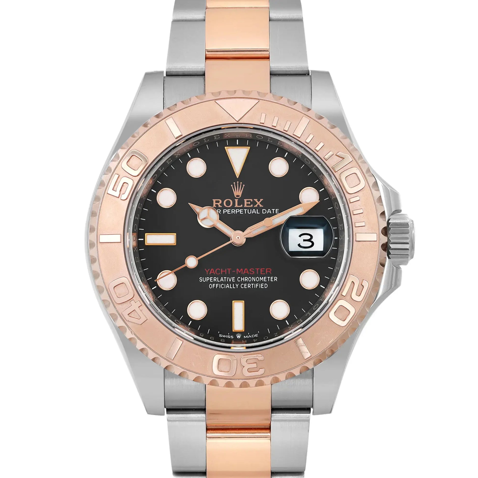 An image of a pre-owned Rolex Yacht-Master men's wristwatch, viewed from the front at a close-up angle that centers on the watch face. The watch features a black dial with a date indicator at the 3 o'clock position and luminous hands. It's encased in a rose gold bezel with a two-tone rose gold and steel bracelet. The watch displays good condition with light signs of wear such as minor scratches. Visible on the dial is the Rolex logo and the words "Perpetual Date" and "Yacht-Master."
