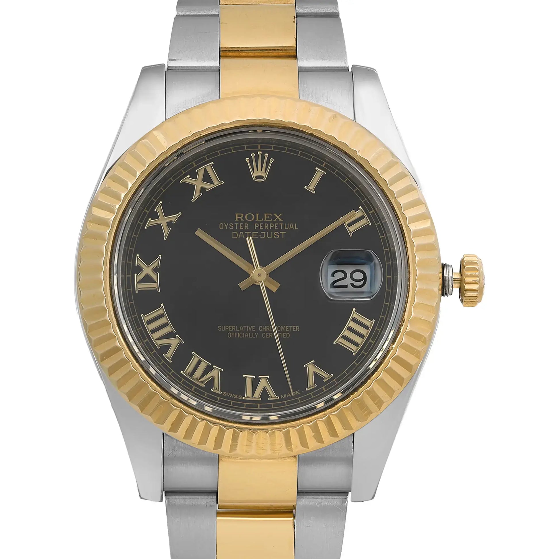 An image of a pre-owned Rolex Oyster Perpetual Datejust wristwatch for men, shown in close-up frontal view highlighting the watch face. The watch features a black dial with gold Roman numeral indices, a gold bezel, and a date display at the 3 o'clock position. The stainless steel and yellow gold band exhibits light signs of wear. The round case of the watch is made of stainless steel. The condition of the watch is classified as good, with minimal scratches visible upon close inspection.