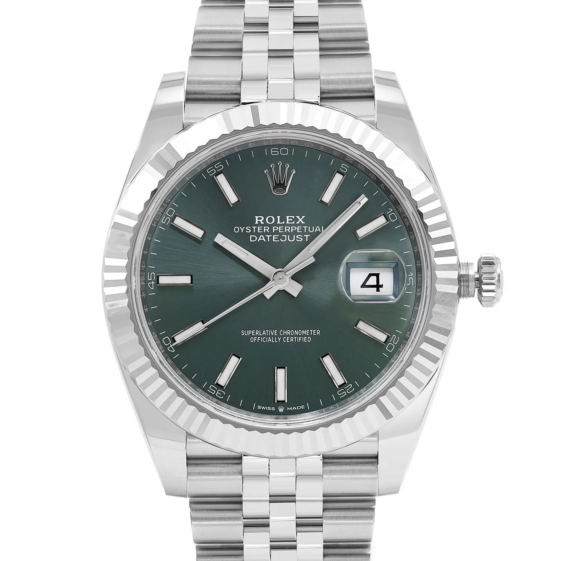 Up Close Front Facing Picture Of Rolex m126334-0027 Stainless Steel Watch New Condition