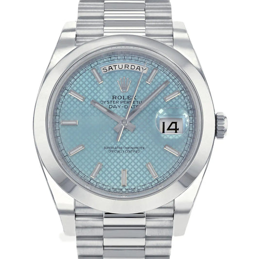 Up Close Front Facing Picture Of Rolex 228206IBLSP Platinum Watch Pre Owned Condition