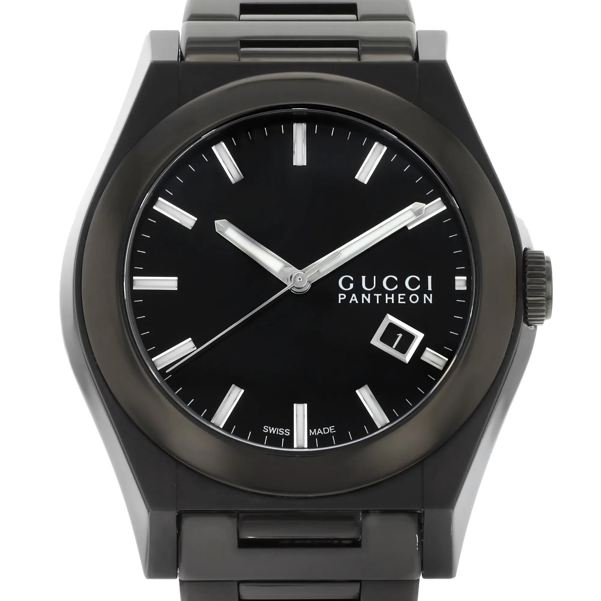 Up Close Front Facing Picture Of Gucci YA115244 Stainless Steel Watch Pre Owned Condition
