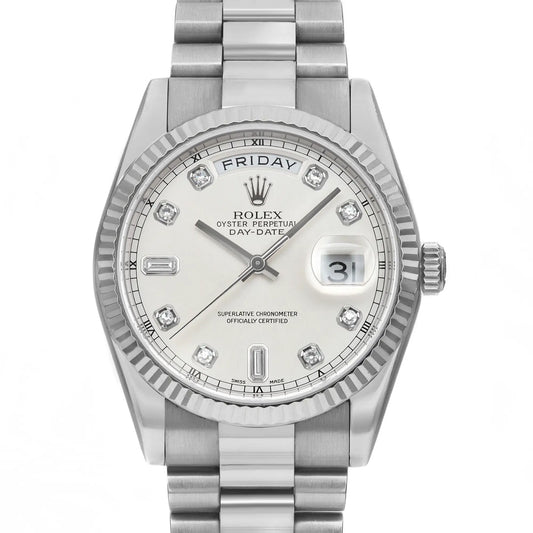 Up Close Front Facing Picture Of Rolex 118239 White Gold Watch Pre Owned Condition