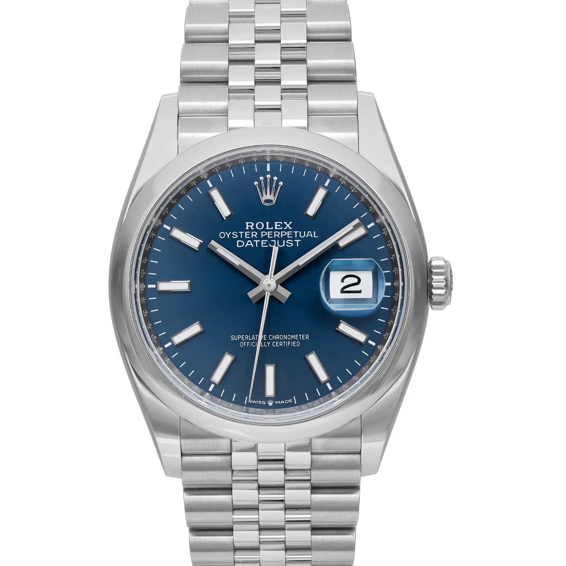Up Close Image of a stainless steel wristwatch with a blue dial featuring luminous hour markers, a date display at the 3 o'clock position. The watch has a smooth bezel and a three-link bracelet.
