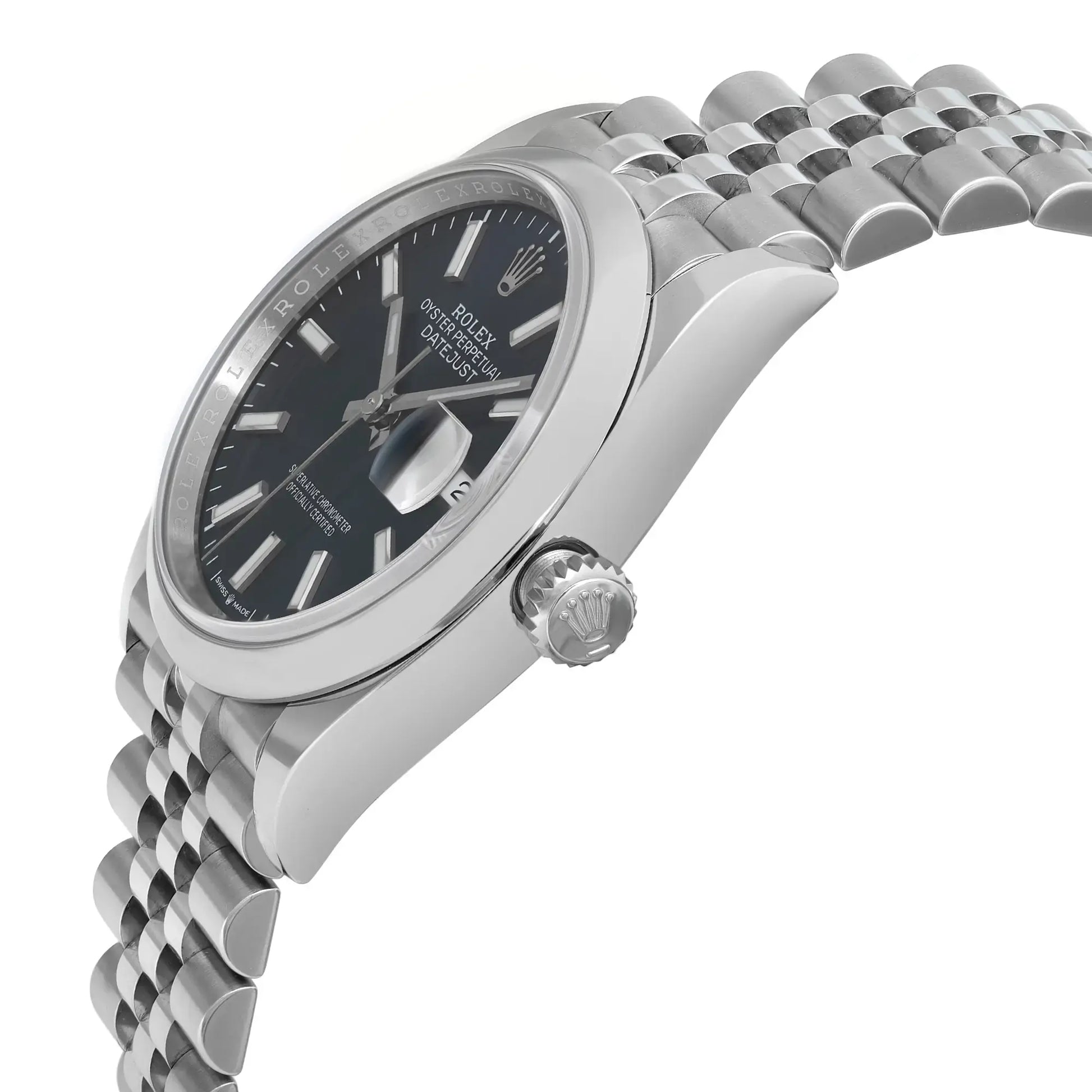 An Image of the angle view of a stainless steel wristwatch with a blue dial, and a magnified date window. The bracelet has a three-piece link design, and the watch crown is positioned on the right side of the case."