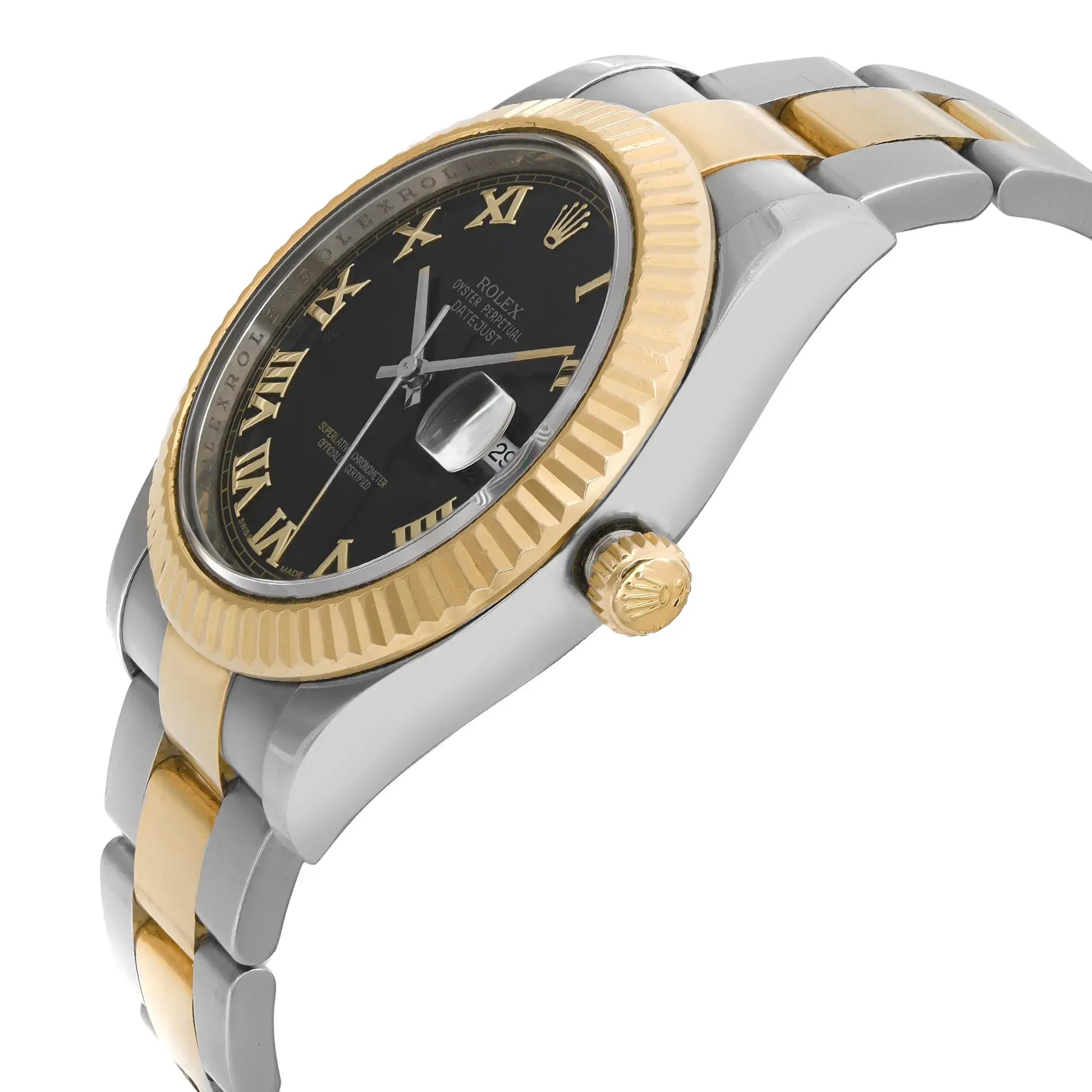 An image of a pre-owned Rolex men's wristwatch in a luxury style, captured from a side profile angle highlighting the crown. The watch features a round case made of stainless steel, with a gold bezel and a black dial. The band is composed of stainless steel and yellow gold links. The watch shows light signs of wear with minimal scratches visible from this angle. The photograph is taken up close, providing a clear view of the watch's details.