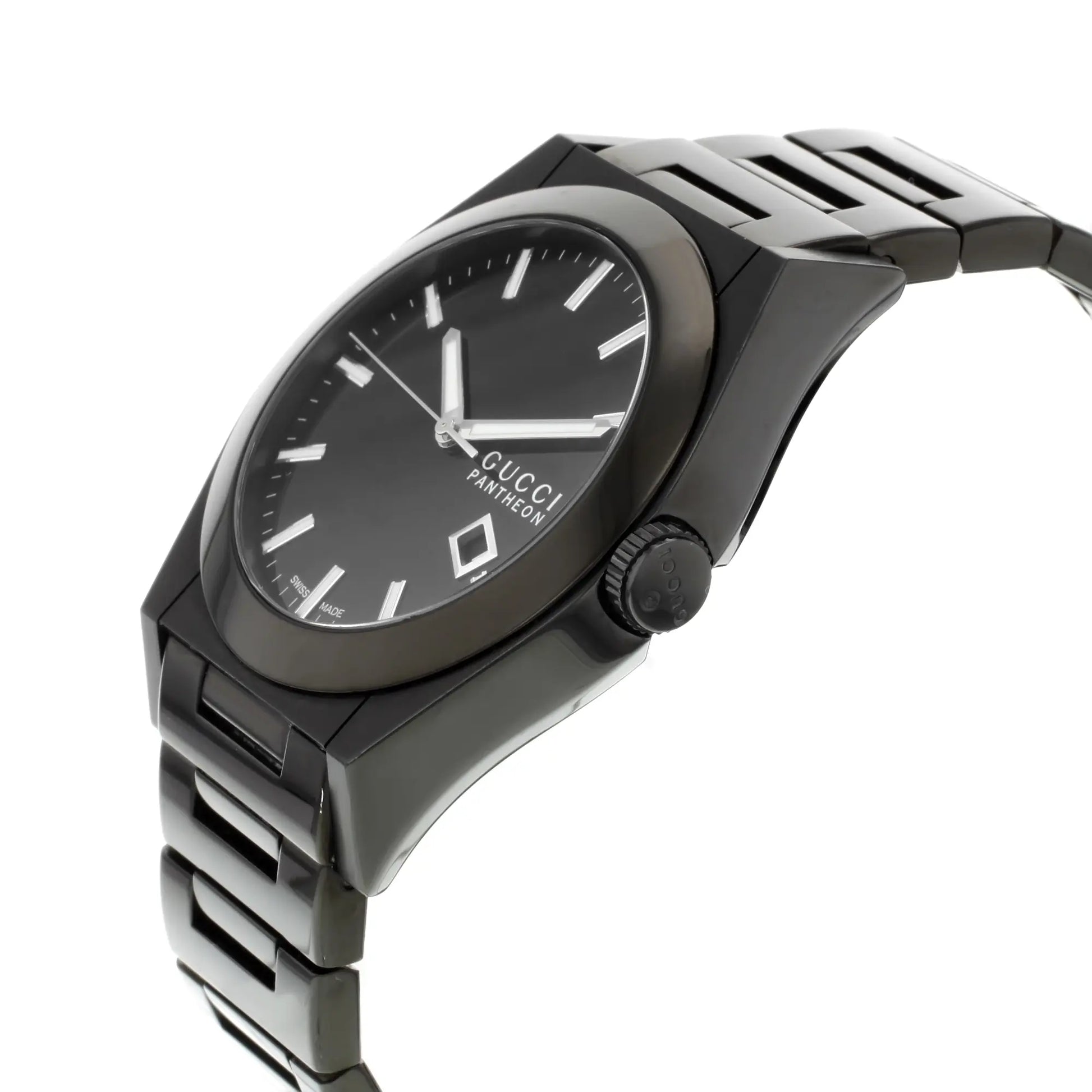 View Of Crown Facing Side Of Gucci YA115244 Stainless Steel Watch Pre Owned Condition