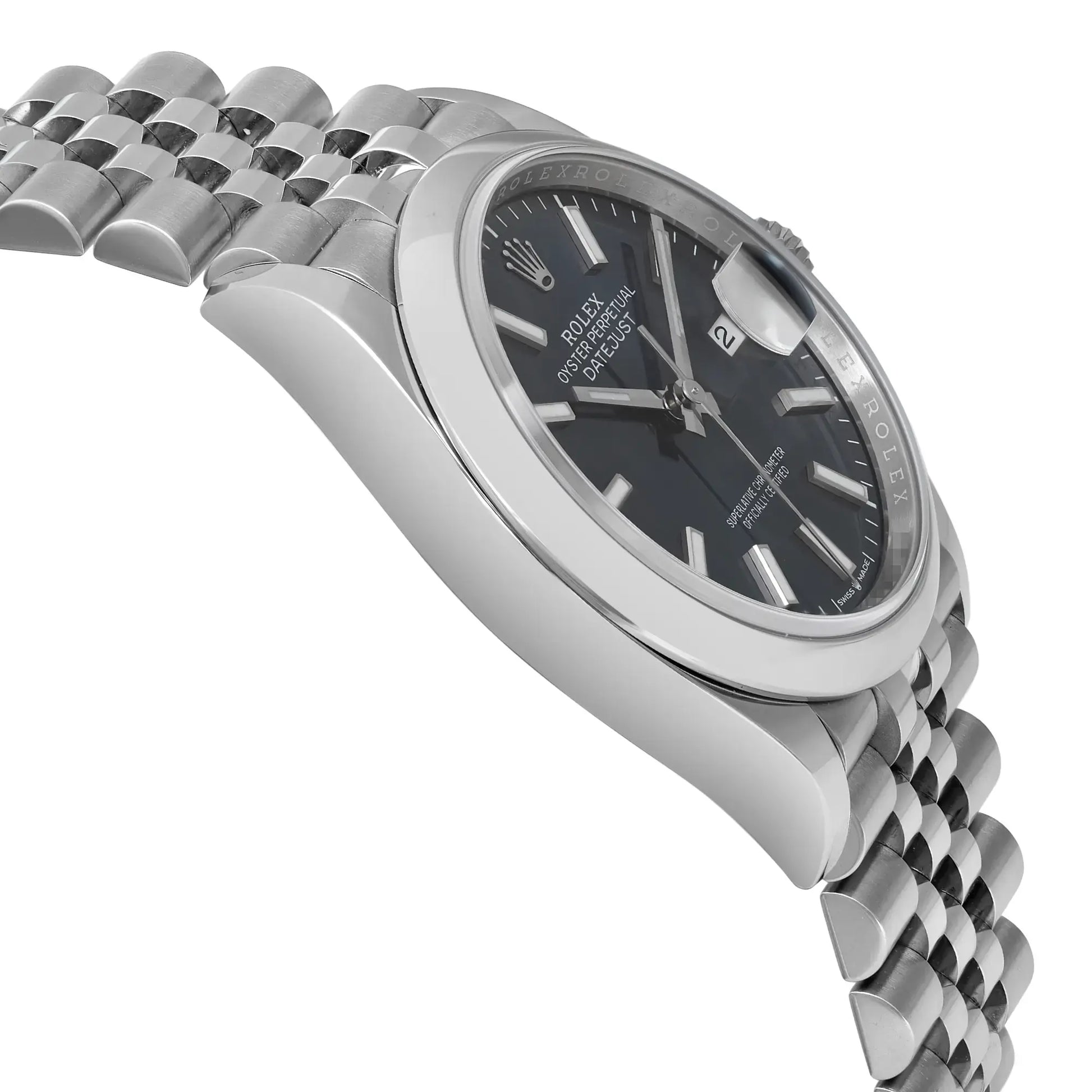 An Image of the angle view of a stainless steel wristwatch with a blue dial, and a magnified date window. The bracelet has a three-piece link design.