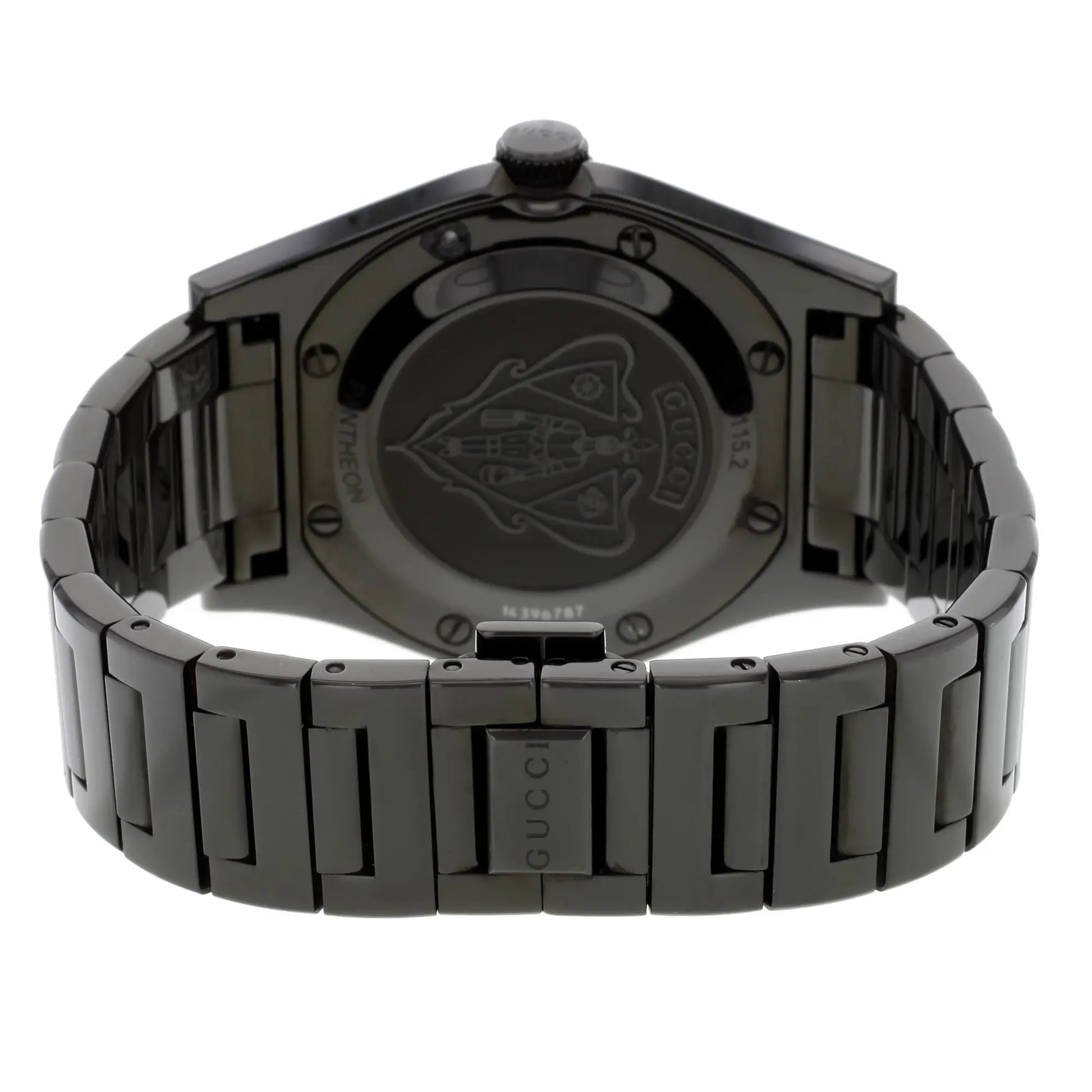 Back View Of Screwback Back Case And Closed Stainless Steel Band Of Gucci YA115244 Watch Pre Owned Condition