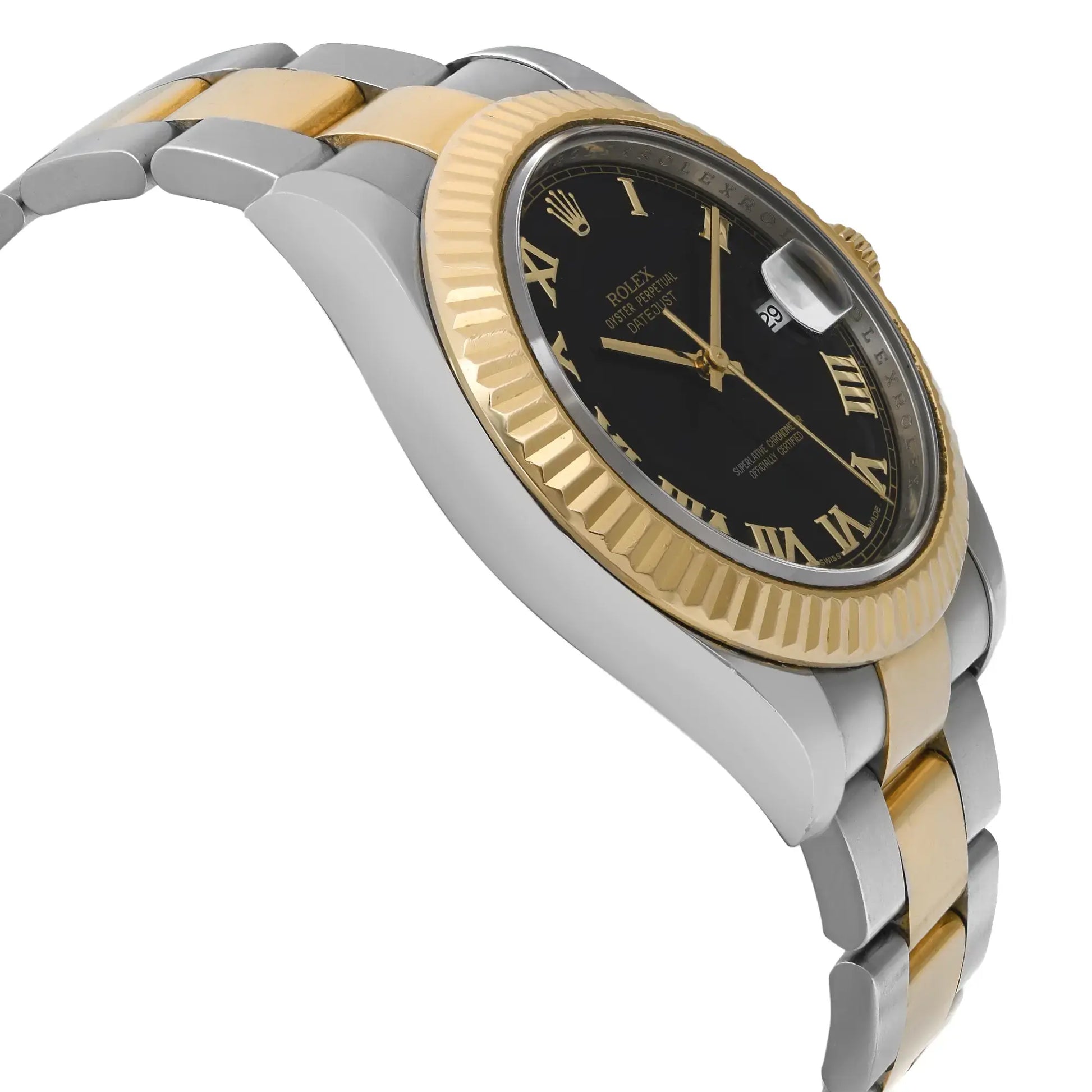 An image of a pre-owned Rolex men's wristwatch in a luxury style, positioned at a side profile angle opposite the crown. The watch features a black dial, gold bezel, and a bracelet made of stainless steel and yellow gold. The round case is crafted from stainless steel. The watch is shown in close-up, highlighting light signs of wear and minor scratches indicative of its pre-owned condition.