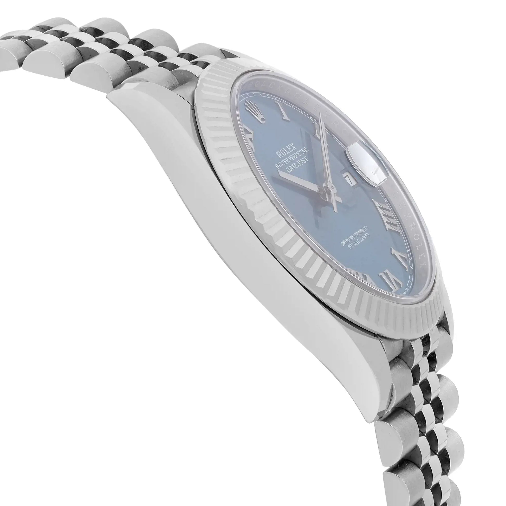 An image of a new Rolex men's luxury wristwatch, presented in a side profile view opposite of the crown. The watch features a round shape with a blue dial, white gold bezel, and stainless steel band and case. A date indicator is visible on the dial. The watch is positioned at an angle that displays its side profile with the band curving away from the bottom left corner of the frame, showing the watch's design and build quality in detail.