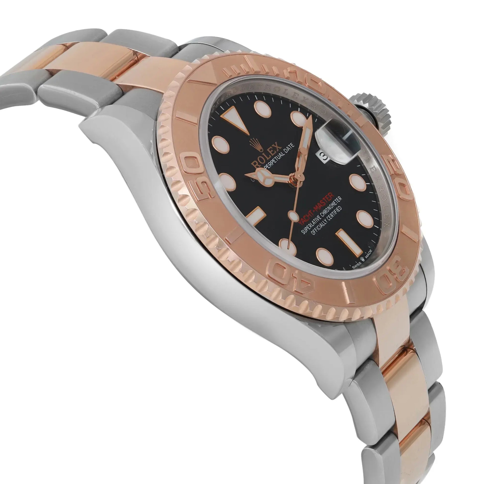 An image of a pre-owned Rolex men's wristwatch, captured from a side profile view opposite of the crown, showing the watch at a medium distance and angled to display its left side. The watch features a two-tone bracelet with a rose gold bezel and a black dial with date indicator and luminous hands. There are light signs of wear or scratches visible on the surfaces.