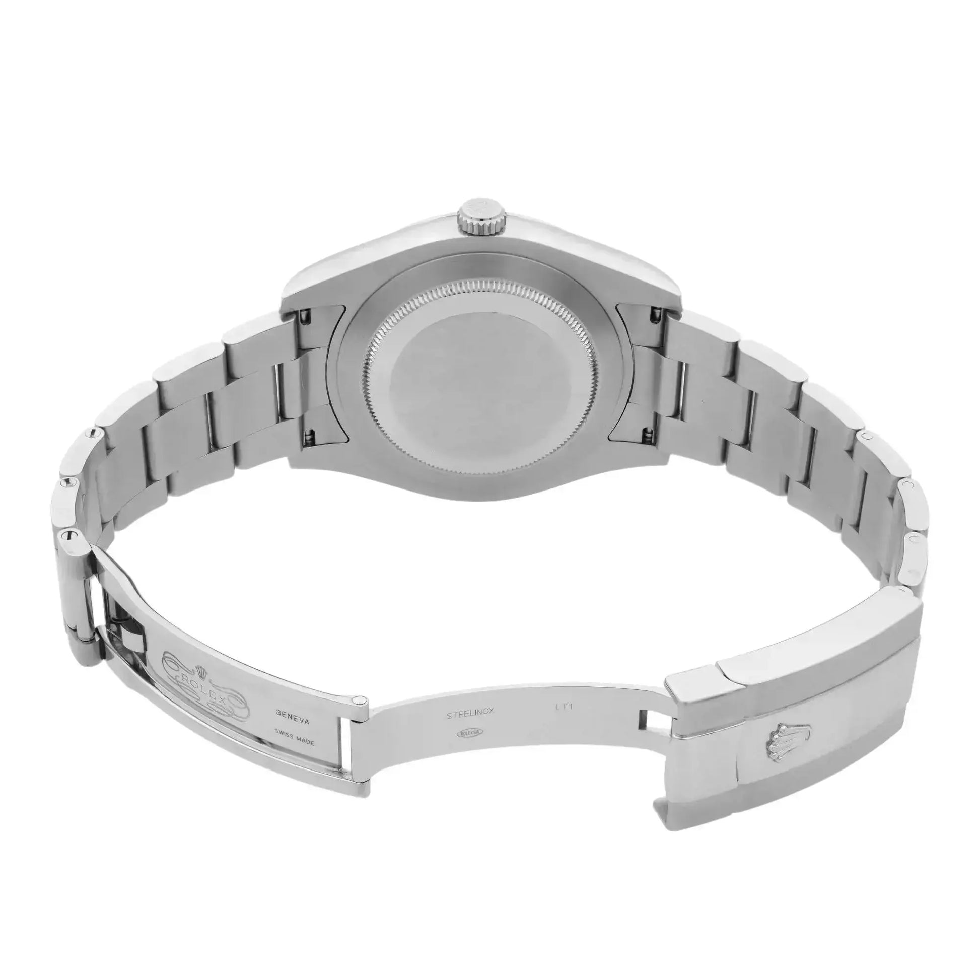 Back View Of Screwback Back Case And Open Stainless Steel Band Of Rolex 116334 RDO Watch Pre Owned Condition