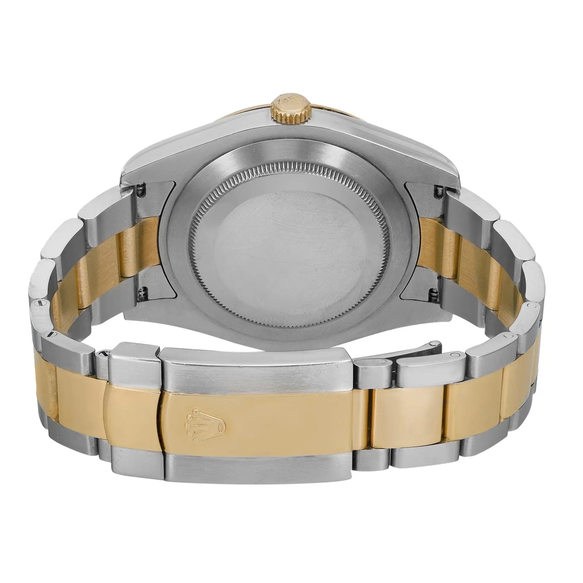 An image of a pre-owned men's Rolex wristwatch viewed from the back, showing the screwback case and the closed fold-over clasp. The watch is positioned centrally with a slight left tilt, and the image is taken at a close distance to capture detail. The stainless steel and yellow gold band exhibits a few light signs of wear. The round caseback is visible, and the watch appears sturdy and well-crafted.