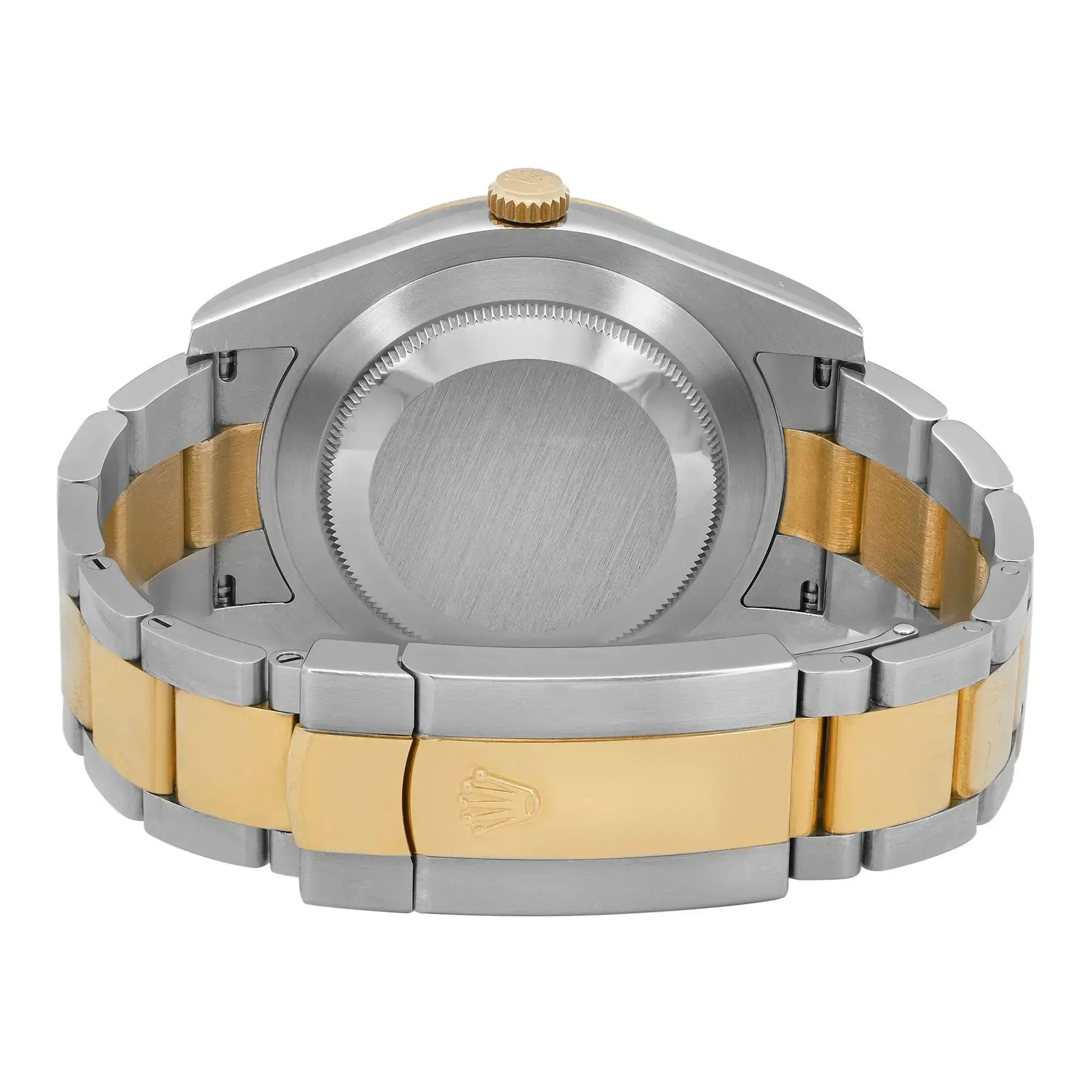 Back View Of Screwback Back Case And Closed Stainless Steel,Gold Band Of Rolex 116333 bkao Watch Pre Owned Condition