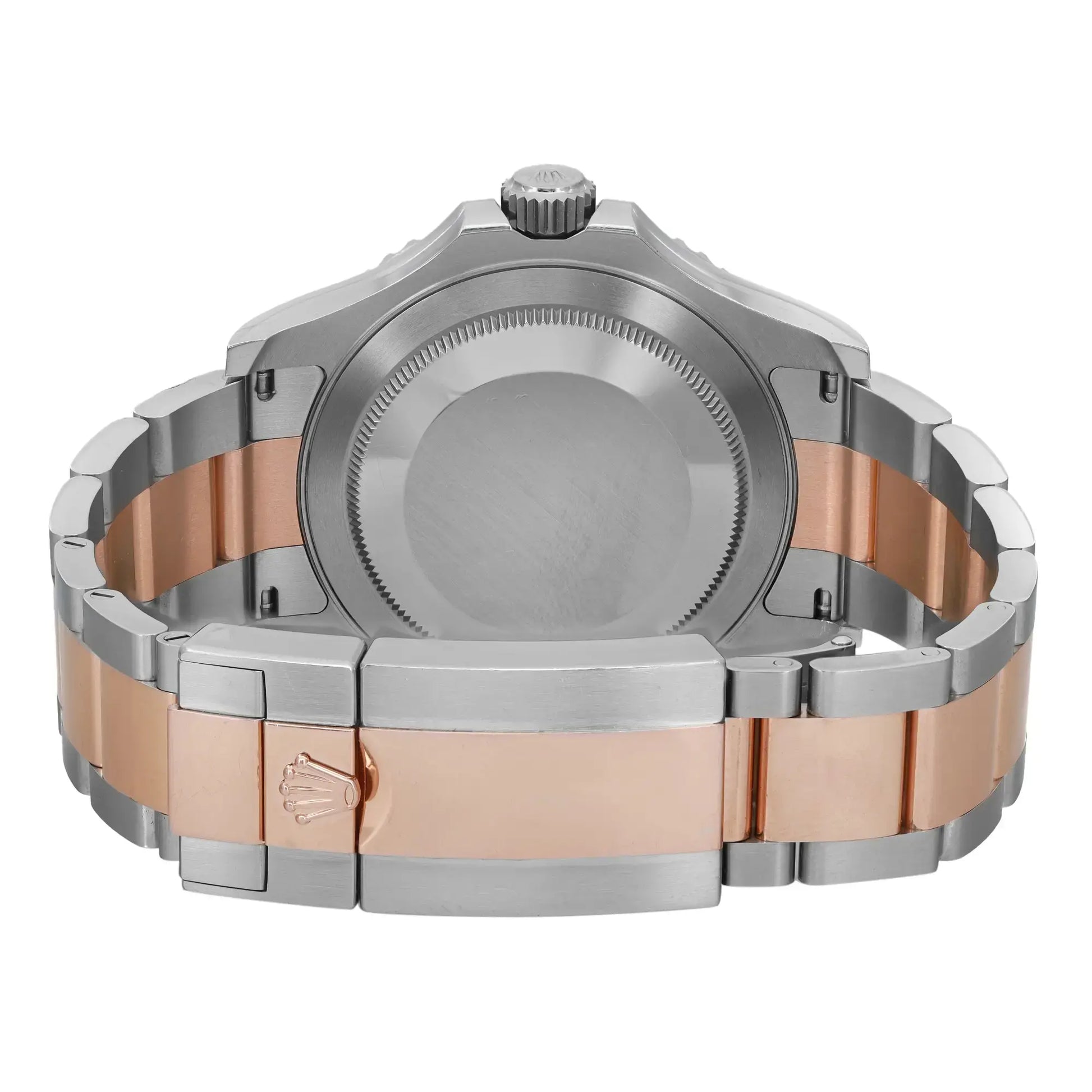 An image of the back view of a pre-owned men's Rolex wristwatch, displayed against a neutral background. The perspective is a close-up, showing the watch directly from behind with the clasp closed, positioned centrally and filling most of the frame. The watch bracelet combines steel and rose gold tones, with a Rolex crown logo visible on the clasp. The watch shows light signs of wear and minor scratches, typical of a used item.