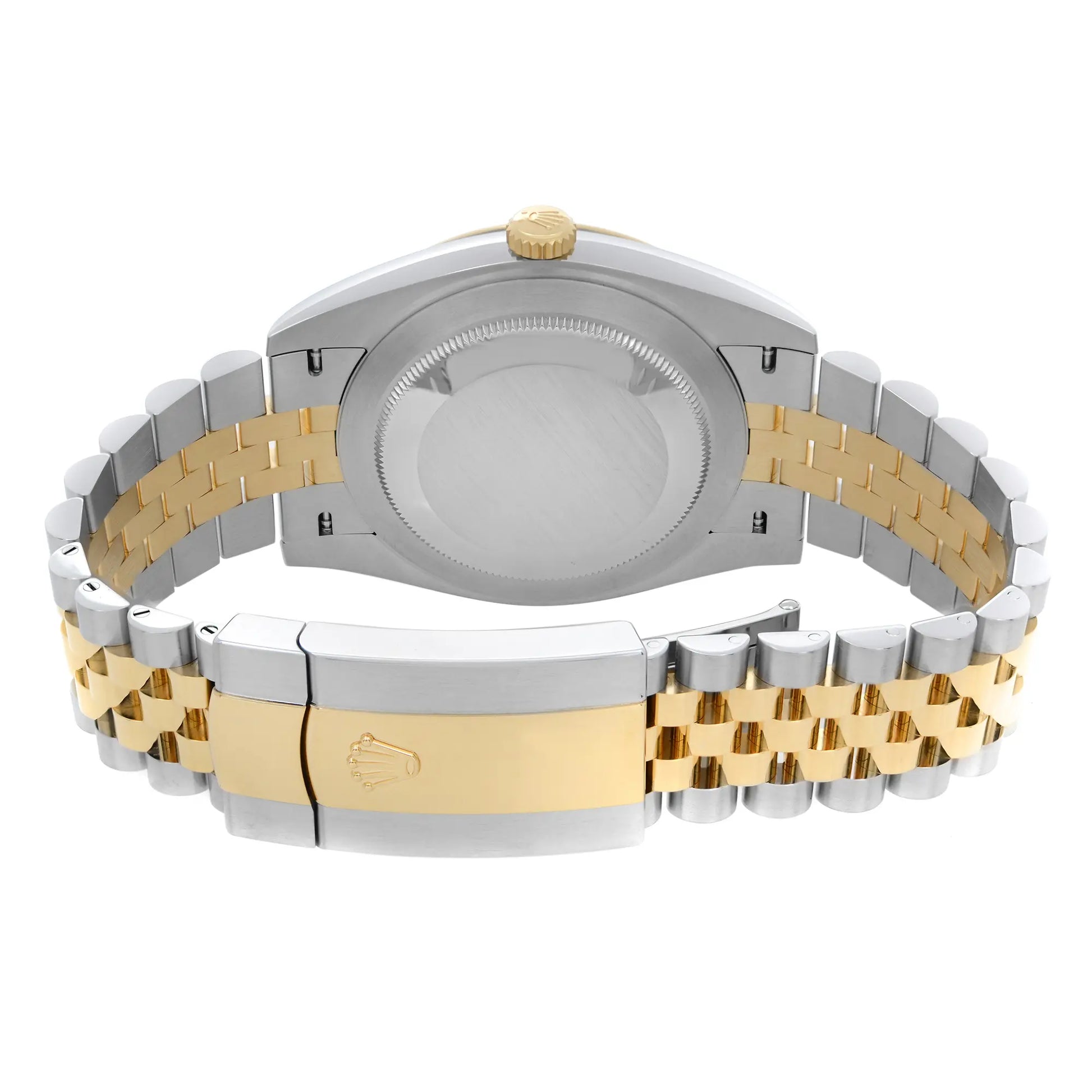 Back View Of Solid Back Case And Closed Stainless Steel,Gold Band Of Rolex 126333 Watch New Condition