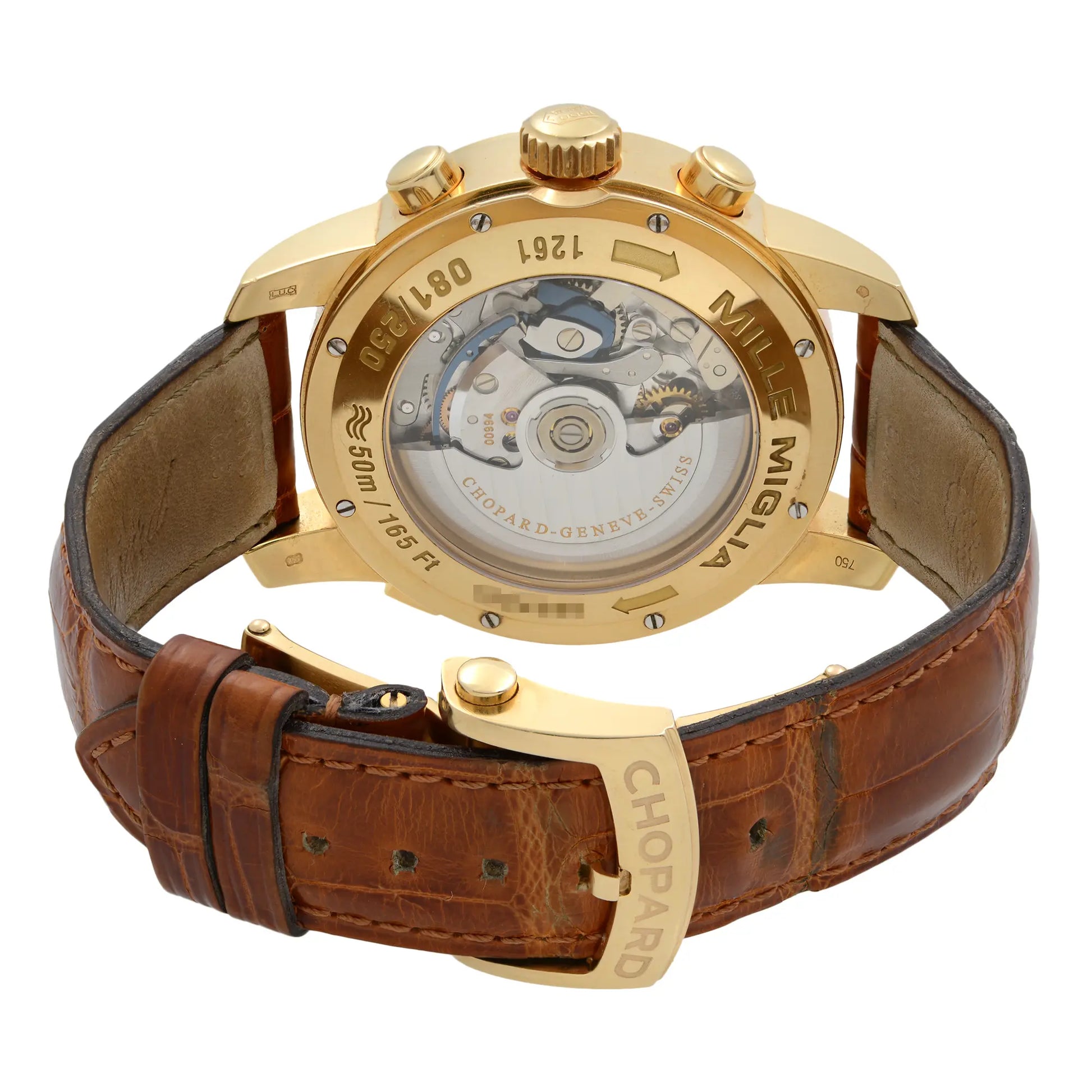 An image of a pre-owned men's Chopard wristwatch viewed from the back at a close angle. The watch features a gold case with visible chronograph buttons and a transparent back showcasing the intricate mechanical movement. The brown leather strap is partially visible, and the Chopard branding is engraved on the clasp.