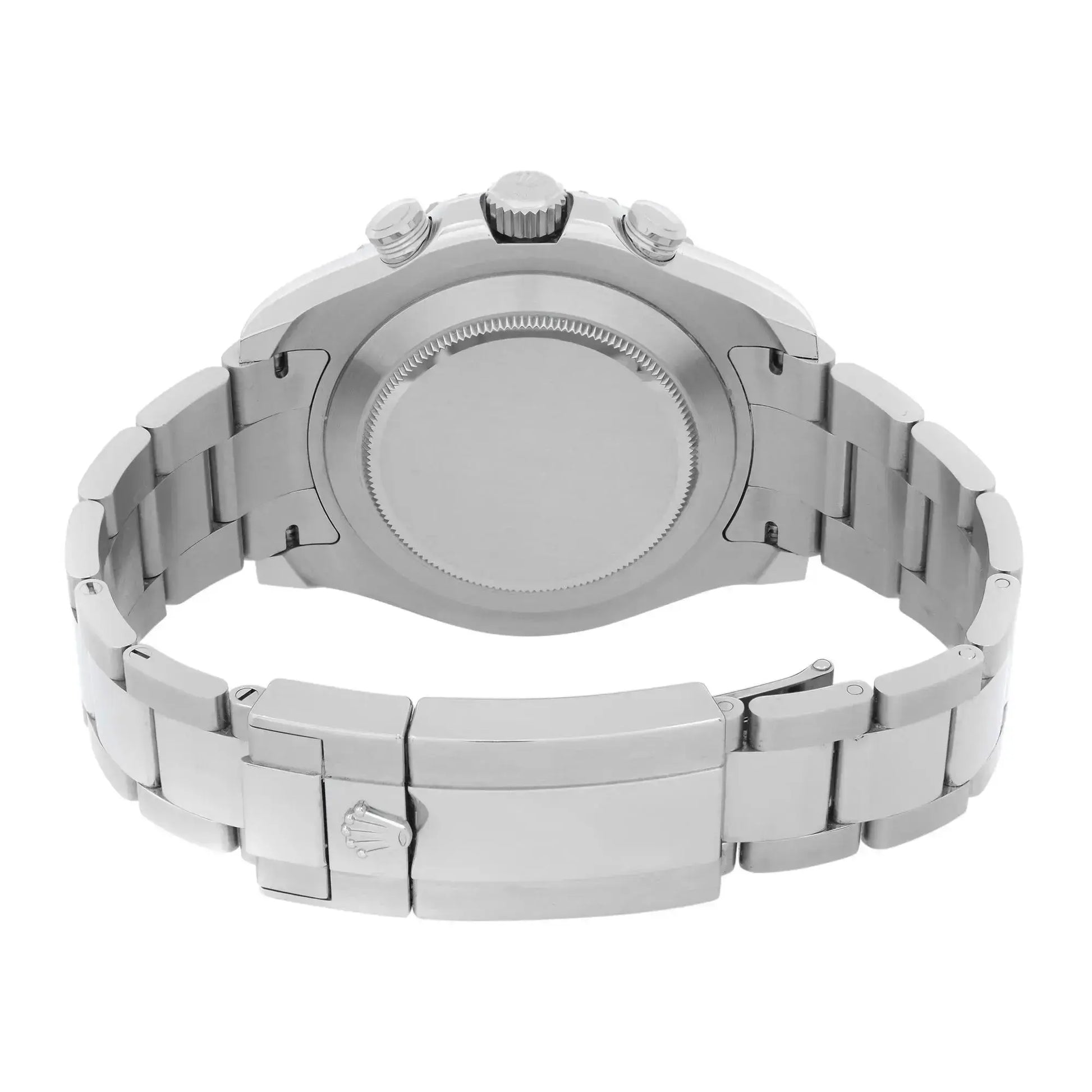 Back View Of Screwback Back Case And Closed Stainless Steel Band Of Rolex 116680 Watch Pre Owned Condition