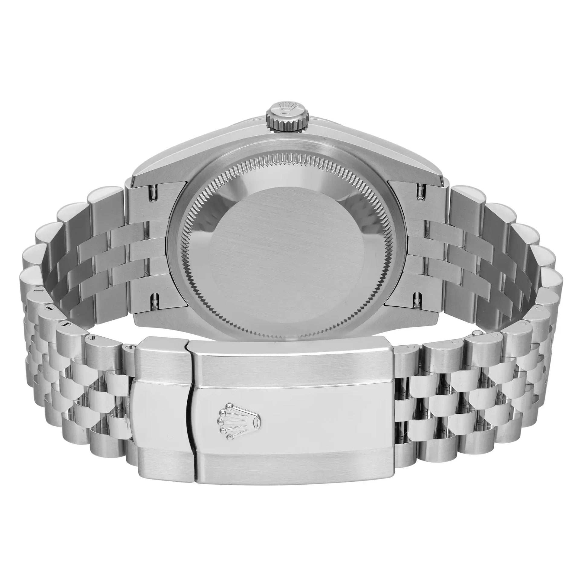 An Image of a stainless steel wristwatch. The watch is photographed from the back, displaying the case back and bracelet.