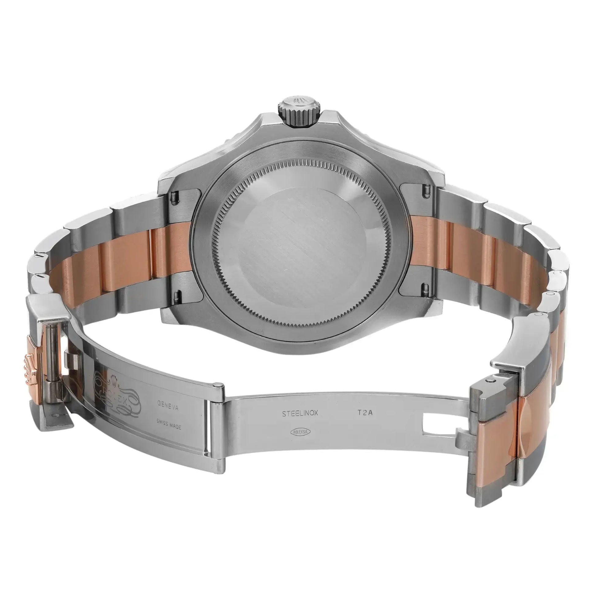 An image of a pre-owned Rolex men's wristwatch shown from the back view with an open clasp. The case material is stainless steel with a screwback caseback. The band features a combination of stainless steel and rose gold. The round-shaped watch has a fold-over clasp with a flip lock safety mechanism. The photo is taken at a close distance, with the watch positioned horizontally, allowing the interior side of the clasp and the back of the watch case to be in focus, showing light signs of wear or scratches.