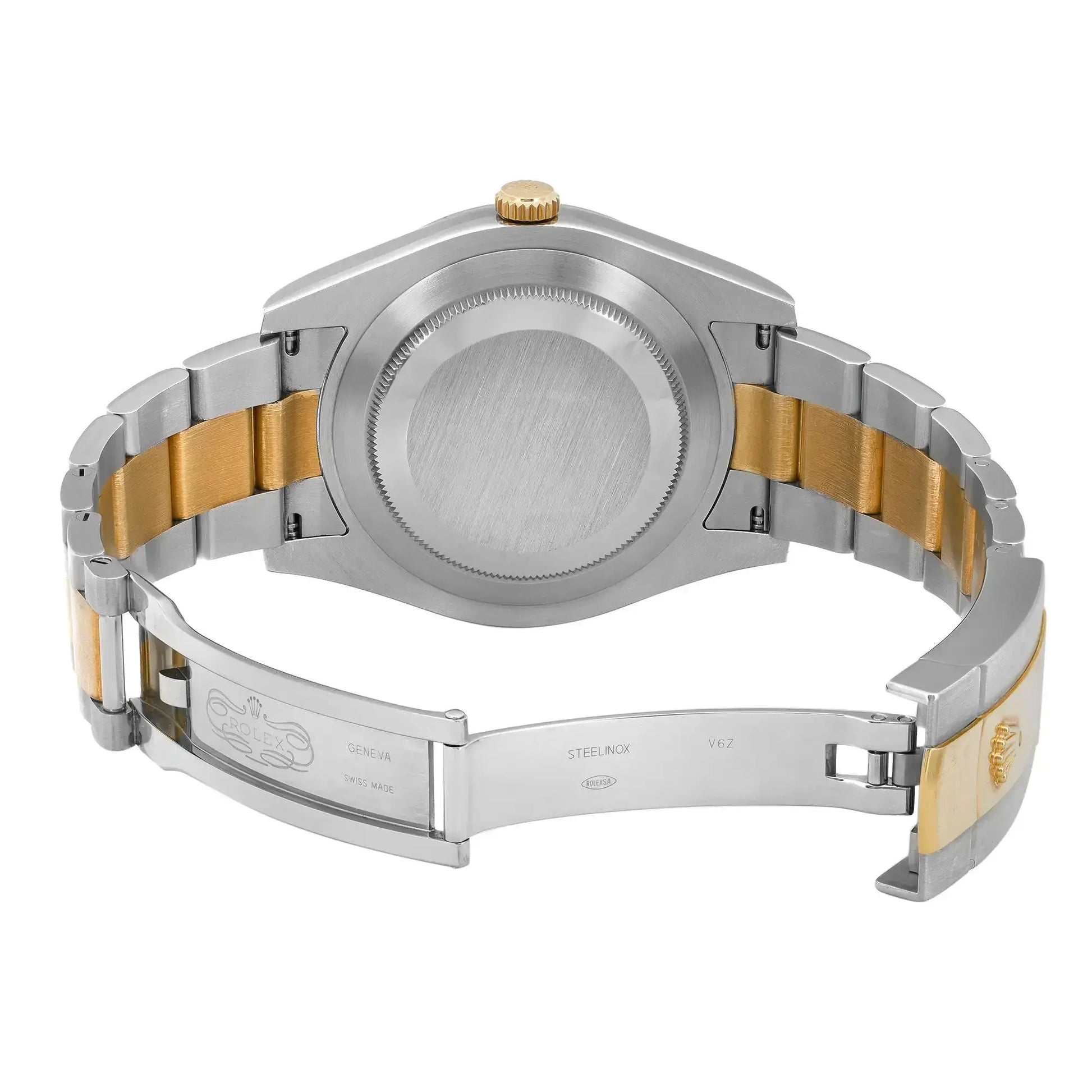 Back View Of Screwback Back Case And Open Stainless Steel,Gold Band Of Rolex 116333 bkao Watch Pre Owned Condition