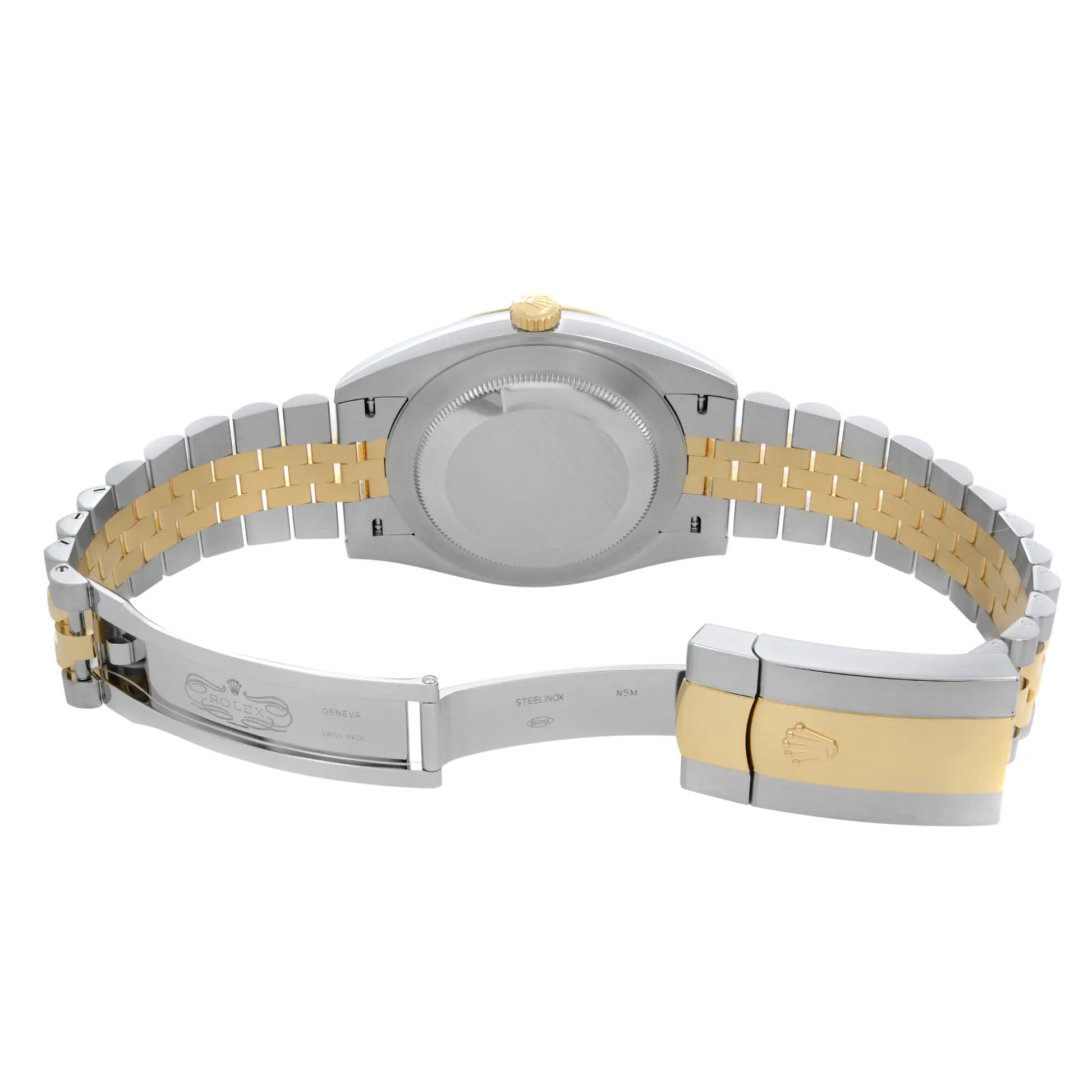 Back View Of Solid Back Case And Open Stainless Steel,Gold Band Of Rolex 126333 Watch New Condition
