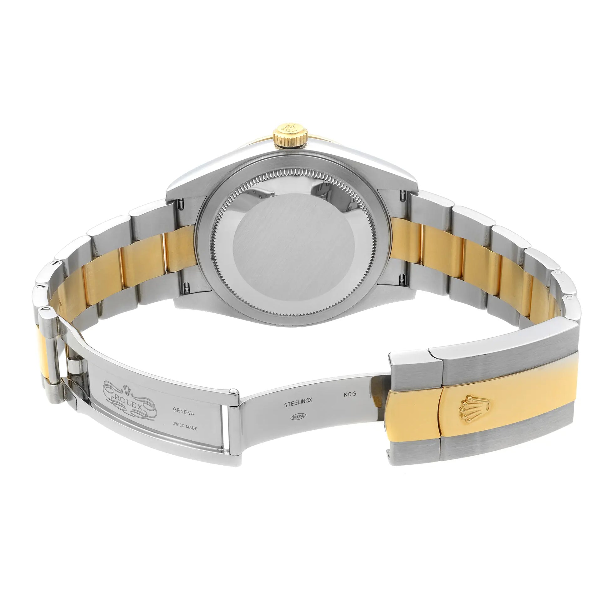 Back View Of Solid Back Case And Open Stainless and Solid Gold Band Of Rolex 326933 Watch Pre Owned Condition
