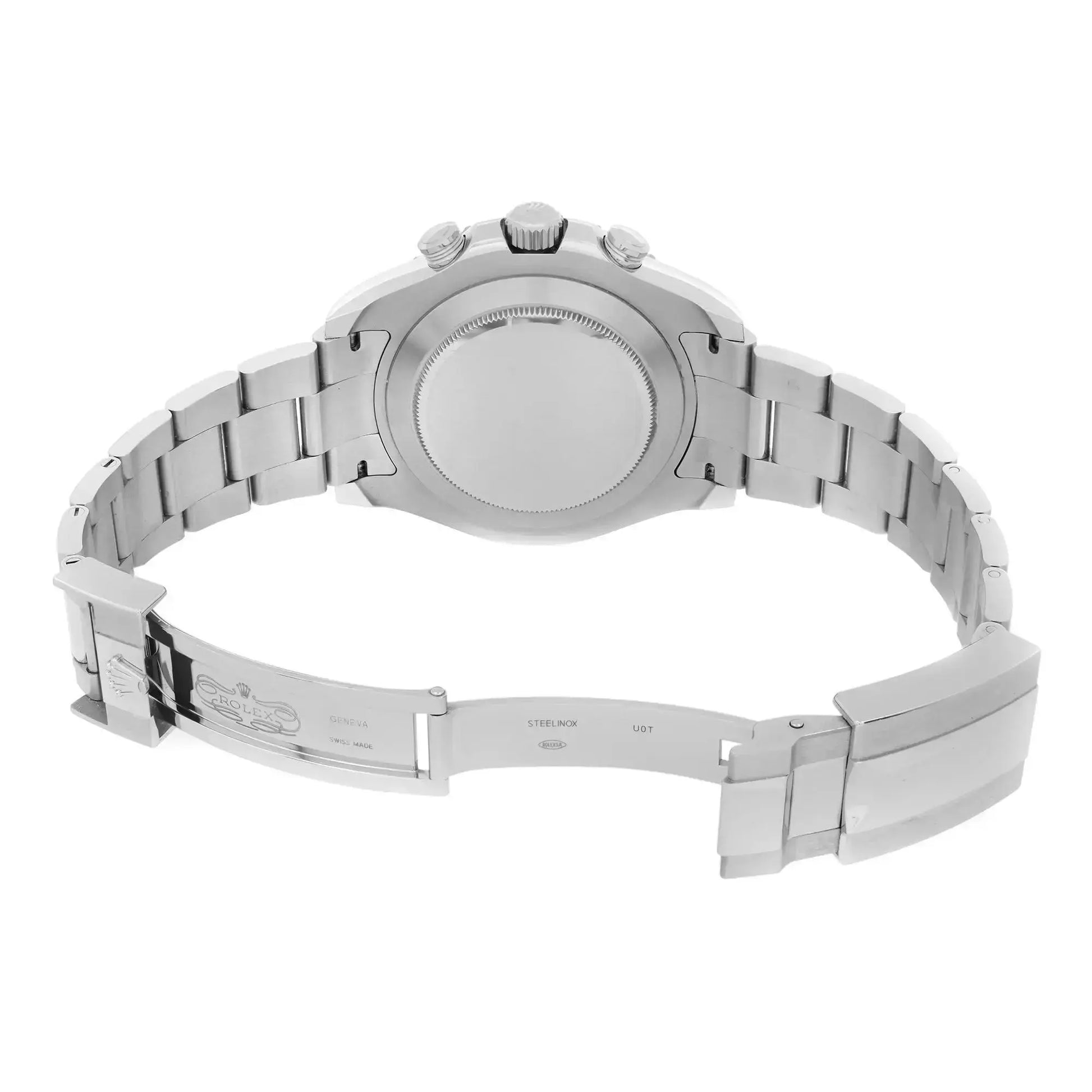 Back View Of Screwback Back Case And Open Stainless Steel Band Of Rolex 116680 Watch Pre Owned Condition