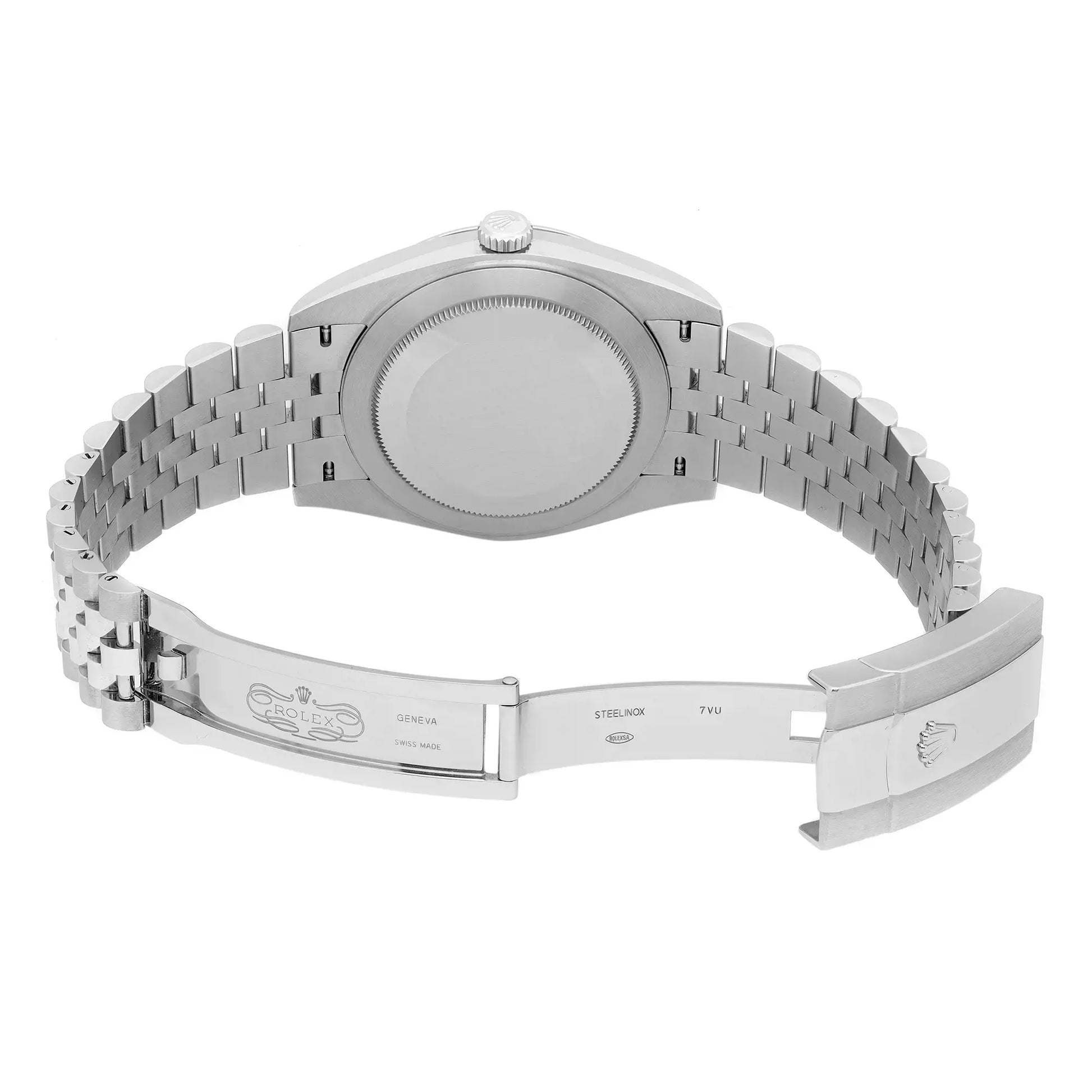 An image of a new men's Rolex wristwatch with a stainless steel case and band. The watch is displayed with a back view, showcasing the screwback caseback. The fold-over clasp is open, and the watch is angled to show the band, clasp, and back of the watch case. The distance allows for a full view of the watch from the back perspective.