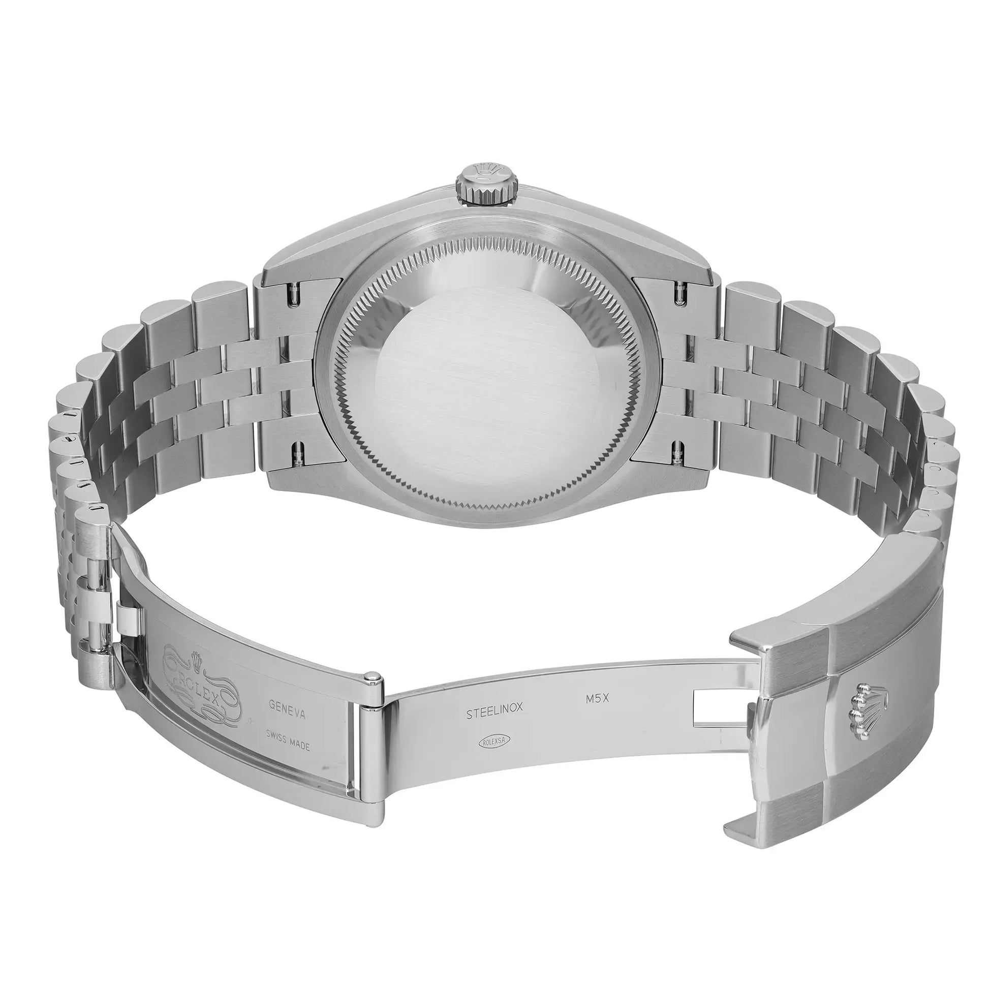 An Image of a stainless steel wristwatch. The watch is photographed from the back, displaying the case back and bracelet with the clasp opened.