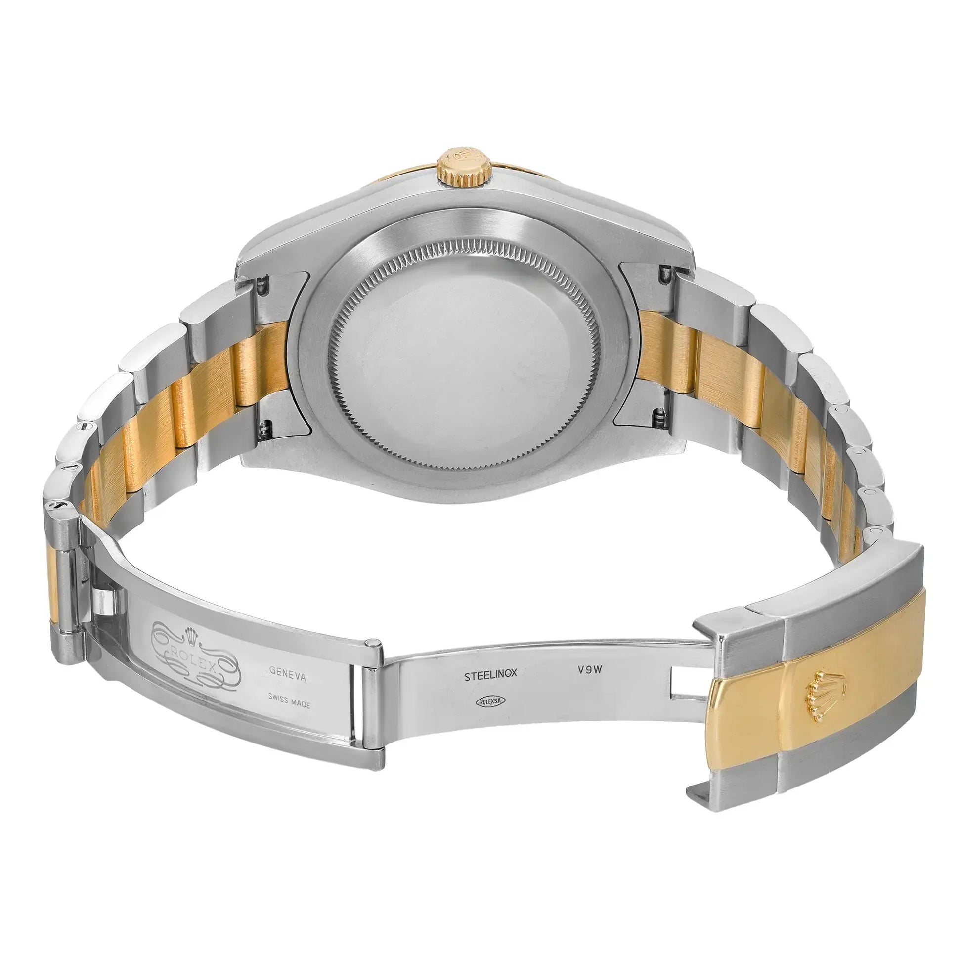An image of a pre-owned men's Rolex wristwatch, viewed from the back with an open clasp. The watch is positioned centrally and shot at a close, detailed angle. The screwback case is made of stainless steel and the round shape of the watch is visible. The band is a combination of stainless steel and yellow gold, showing the contrast of materials. The fold-over clasp is partially extended, revealing engravings that include the Rolex logo and "GENEVA SWISS MADE".