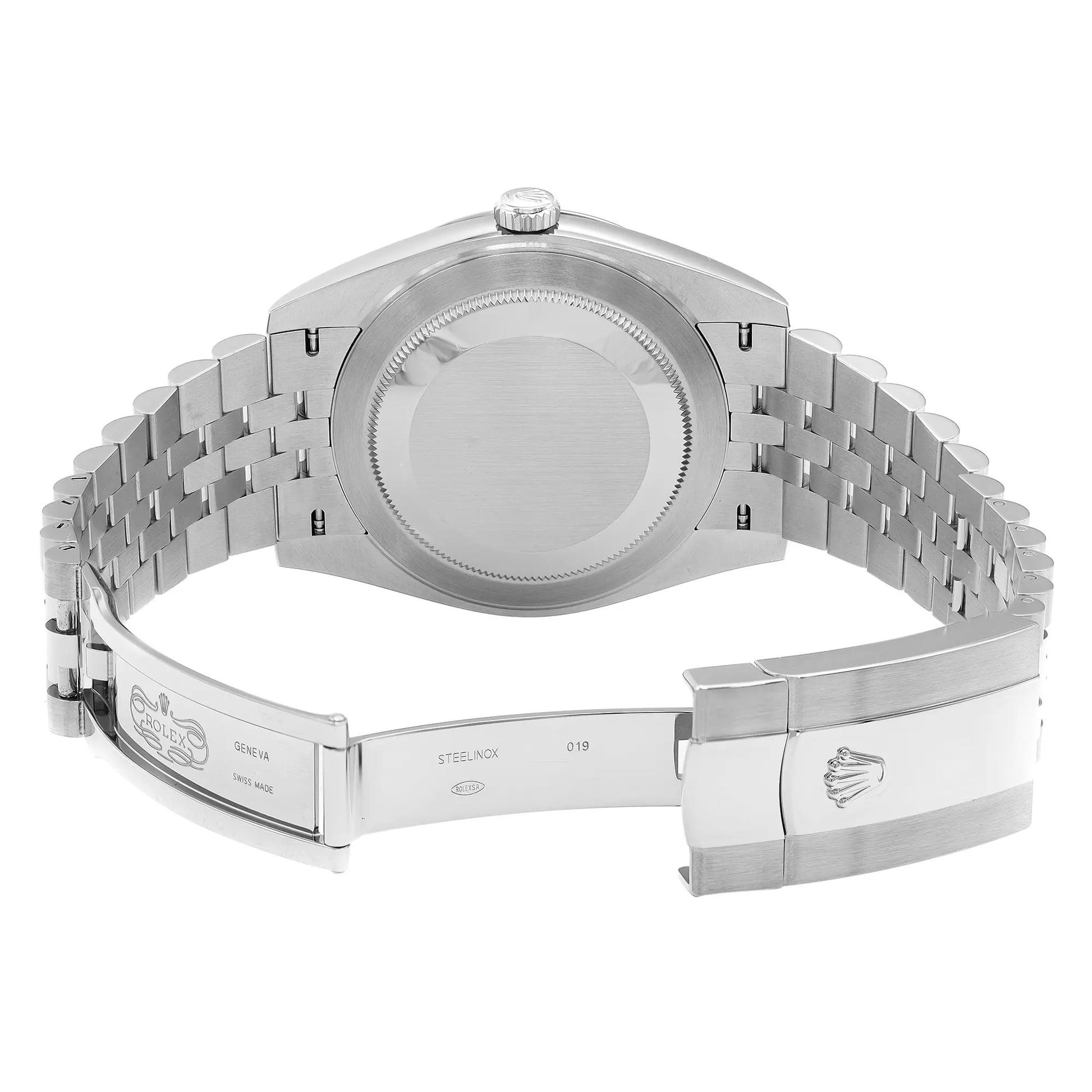 Back View Of Solid Back Case And Open Stainless Steel Band Of Rolex m126334-0027 Watch New Condition