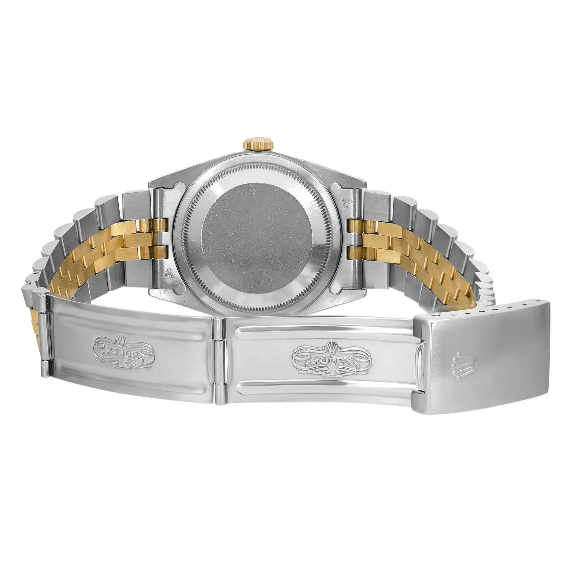 Back View Of Screwback Back Case And Open Stainless Steel,Gold Band Of Rolex 16233 Watch Pre Owned Condition
