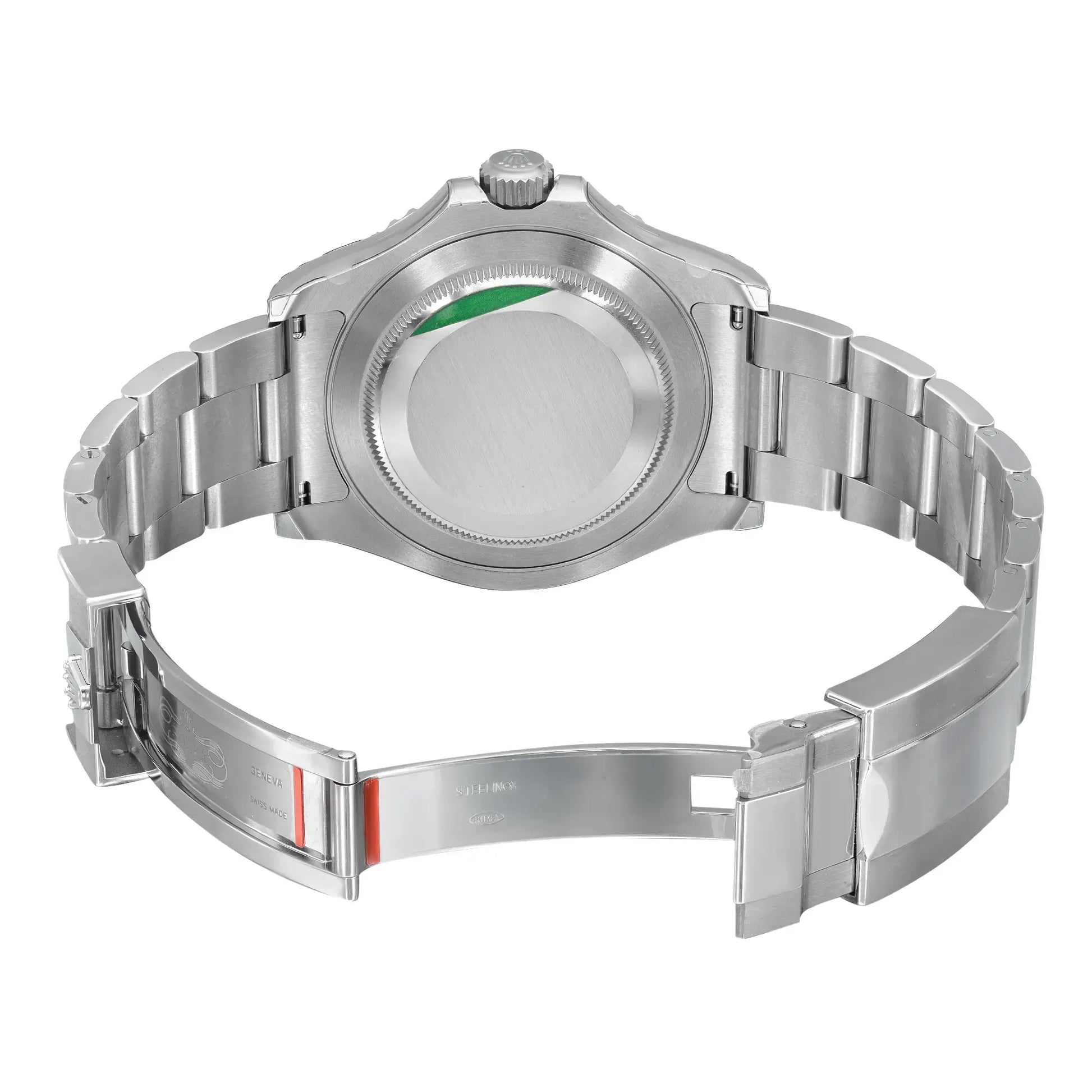 Back View Of Solid Back Case And Open Stainless Steel Band Of Rolex 126622 Watch New Condition