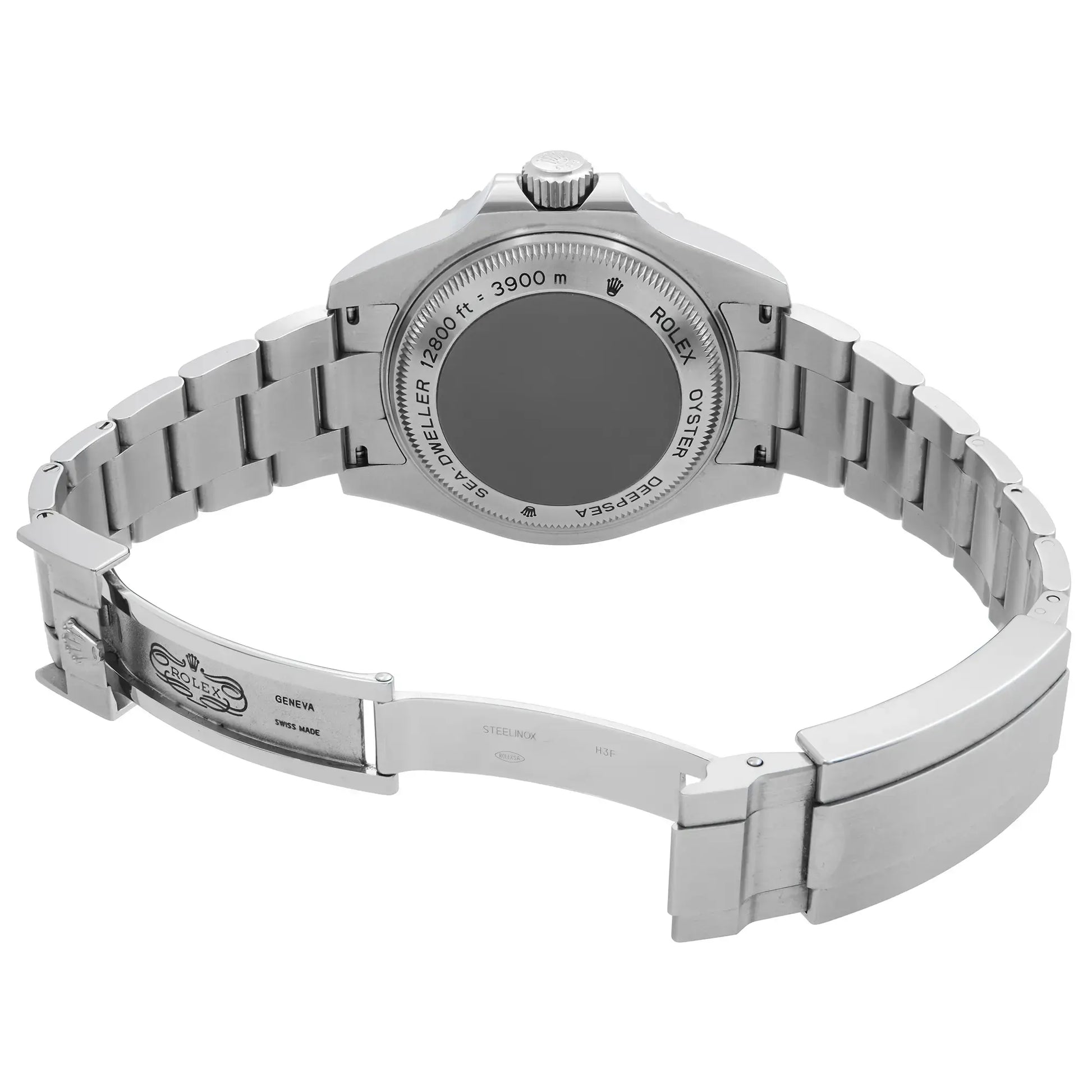 An image of a Wristwatch by Rolex. This Pre Owned item is designed for Men, featuring a Luxury style. It has a Mechanical (Automatic) movement and an Analog display with a Black dial color. The indices include Non-Numeric Hour Marks. The band is made of Stainless Steel and the case is made of Stainless Steel. The watch has a Round shape with a case size of 44 mm and a case thickness of 18 mm.