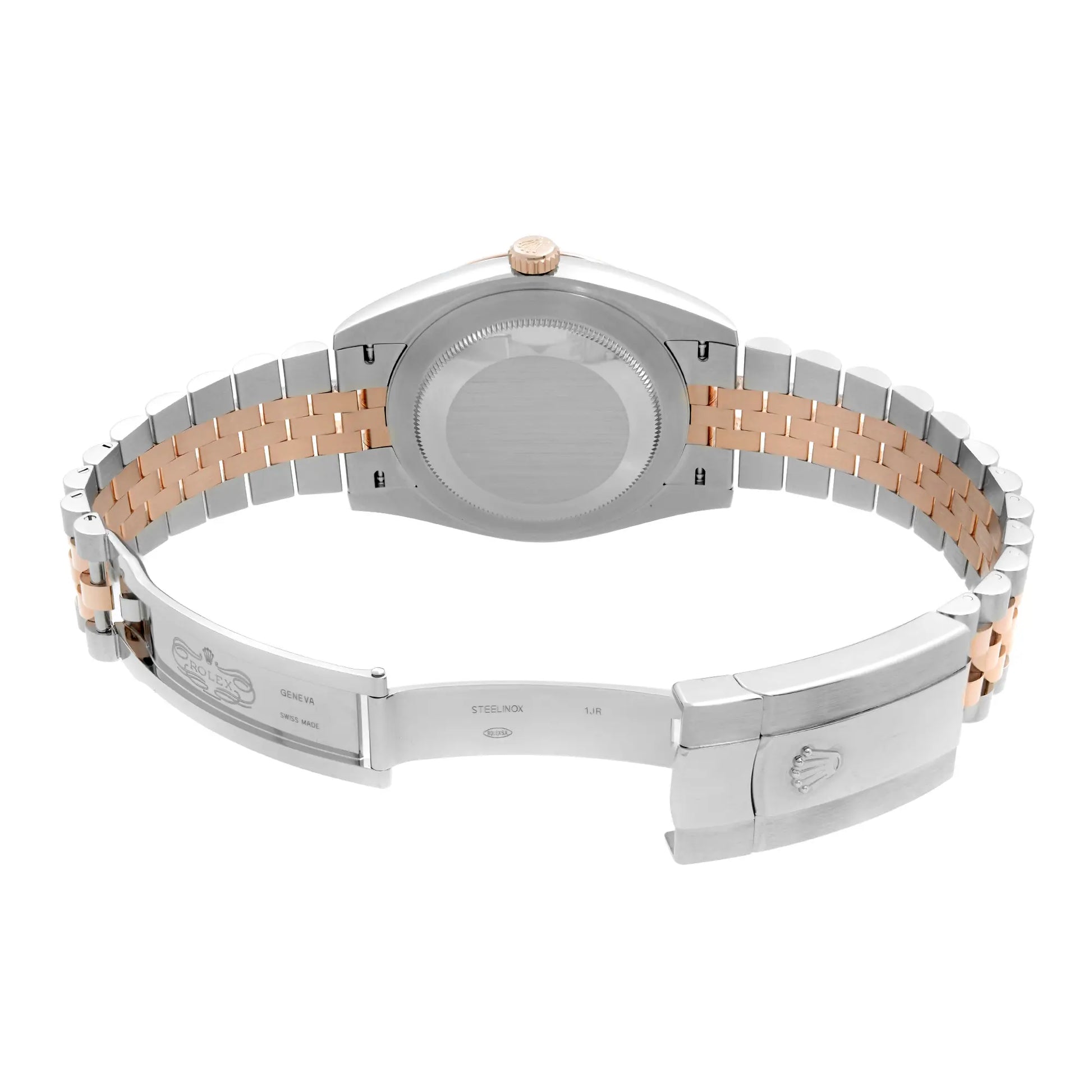 Back View Of Solid Back Case And Open Rose Gold,Stainless Steel,Gold Band Of Rolex 126331 Watch New Condition